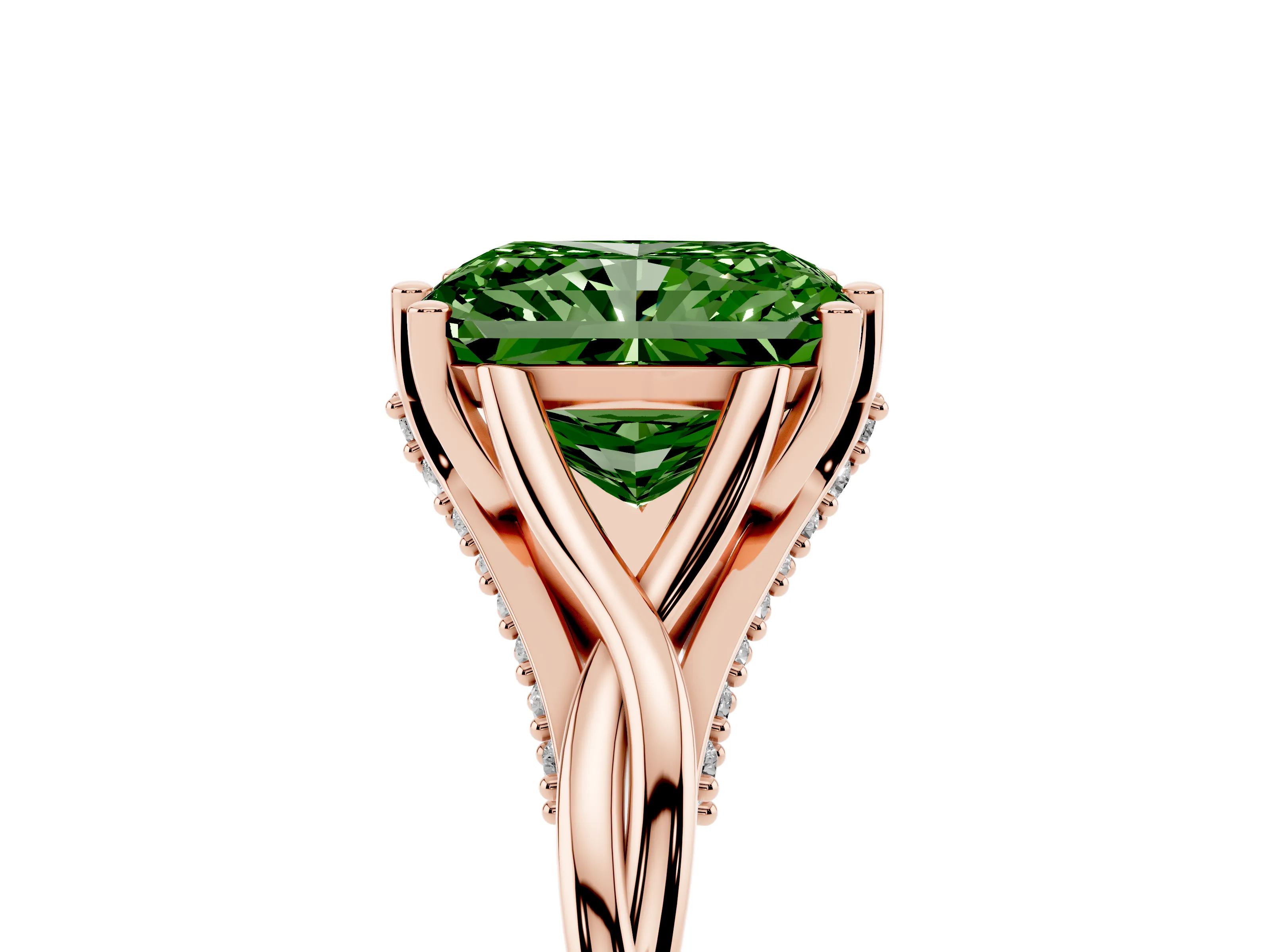 Fancy Green Radiant Cut Diamond Intertwined Twist Band Solitaire Ring Set in Rose gold with Prong Setting