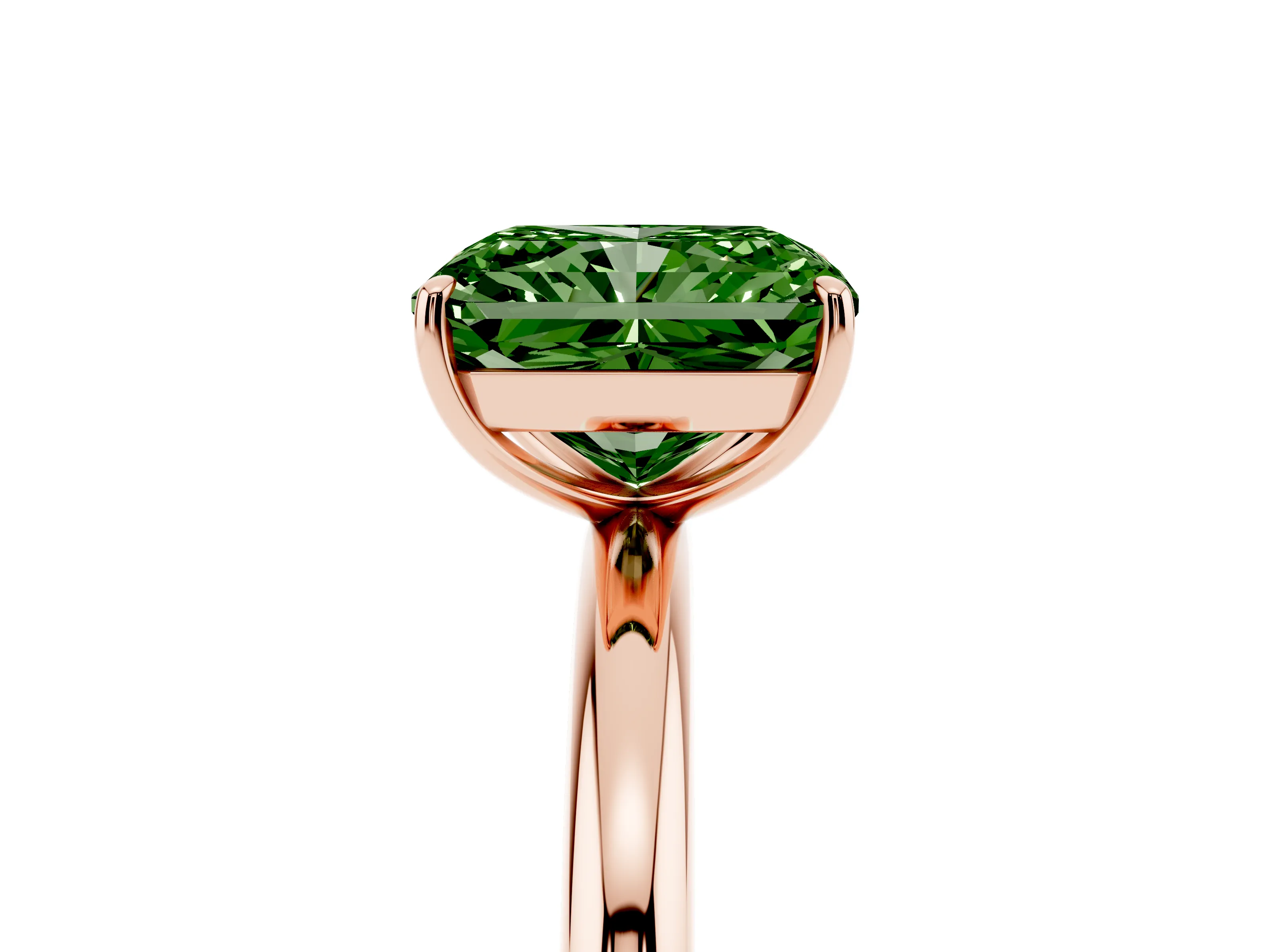 Fancy Green Radiant Cut Diamond Solitaire Ring Set in Rose gold with Prong Setting on a Polished Plain Band