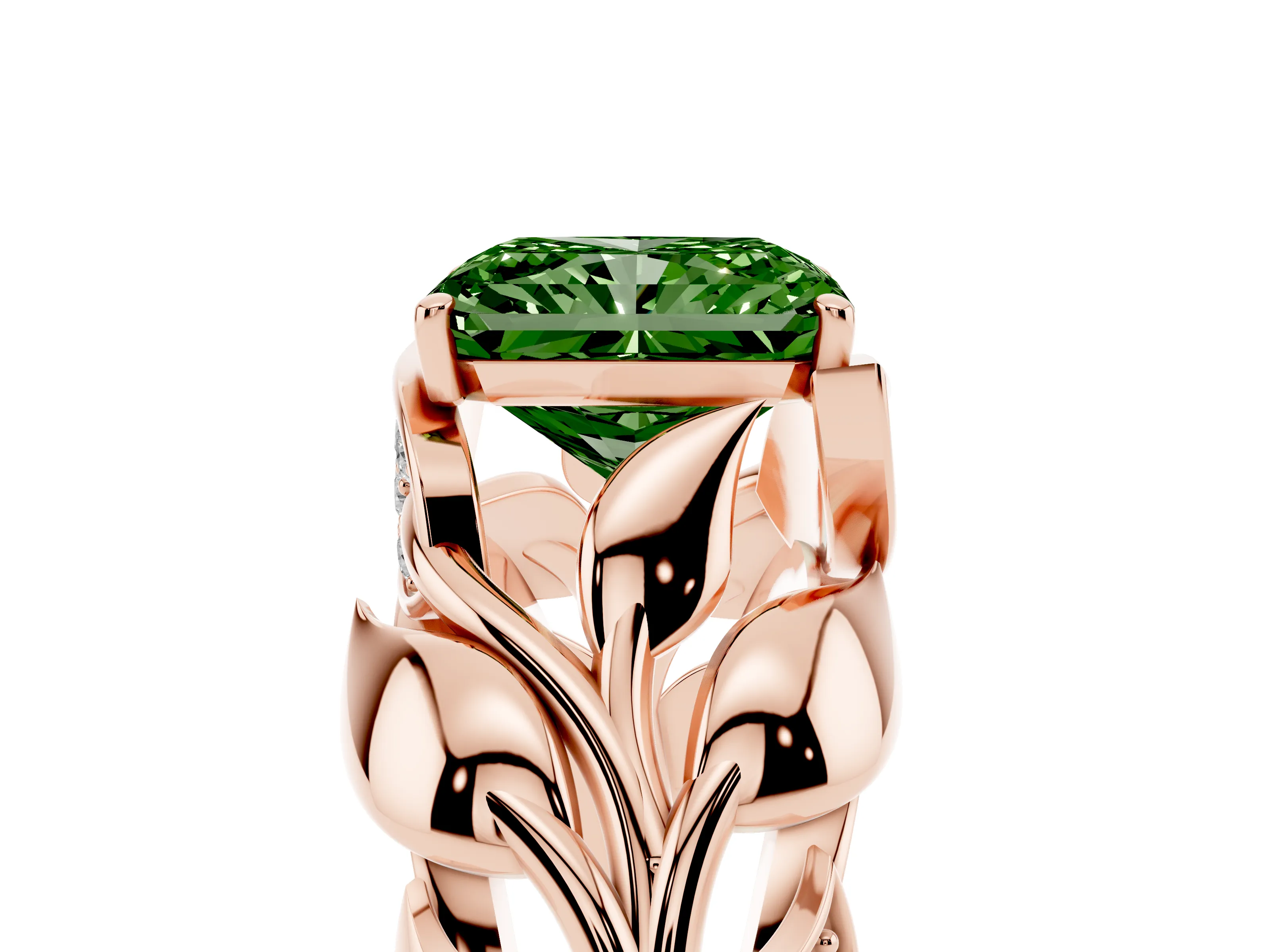 Fancy Green Radiant Cut Diamond Leaf-Inspired Engagement Ring Set in Rose gold with Round Accents