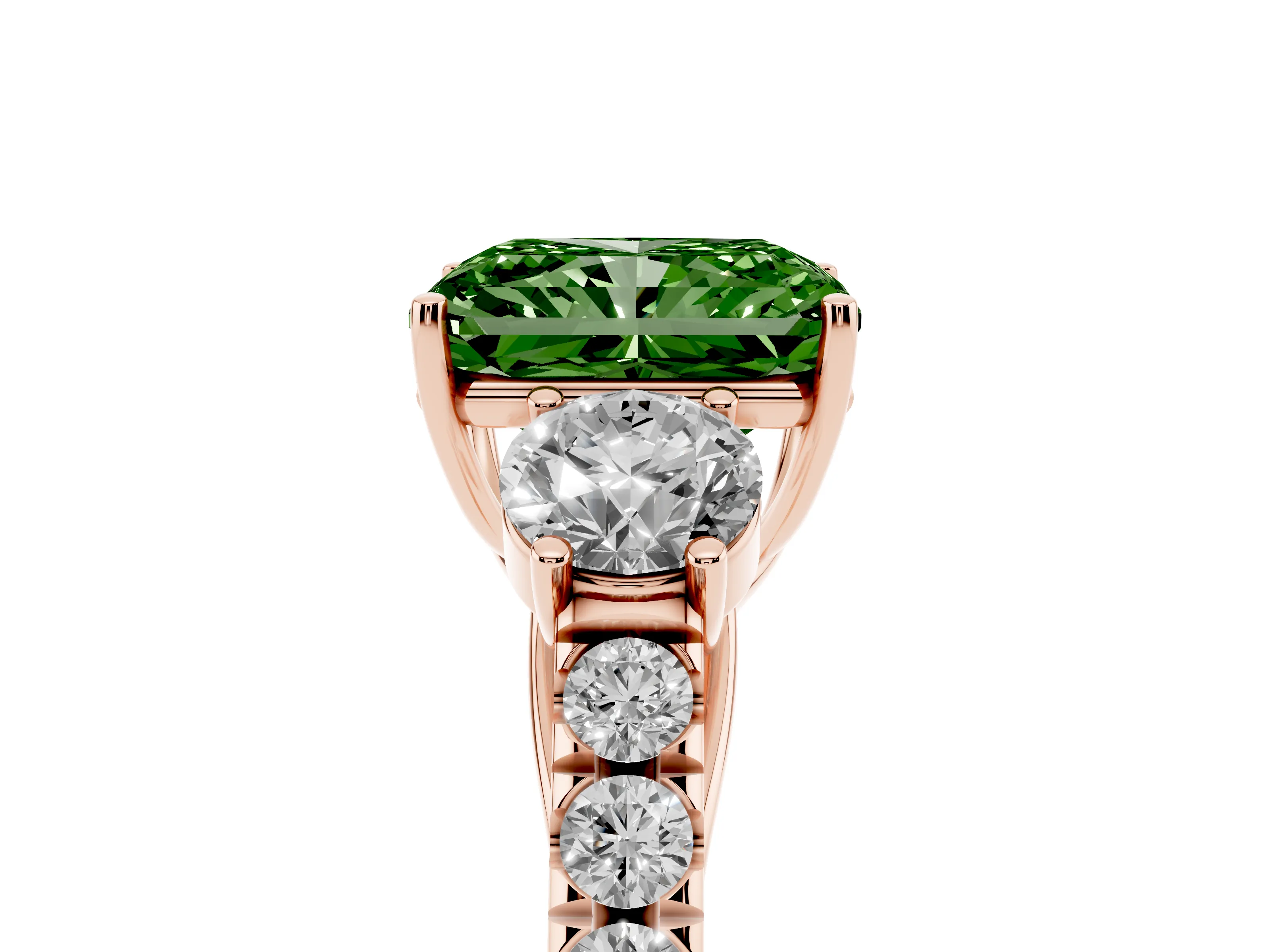 Fancy Green Radiant Cut Diamond Three-Stone Ring Set in Rose gold with Round Side Stones and Delicate Pavé Band