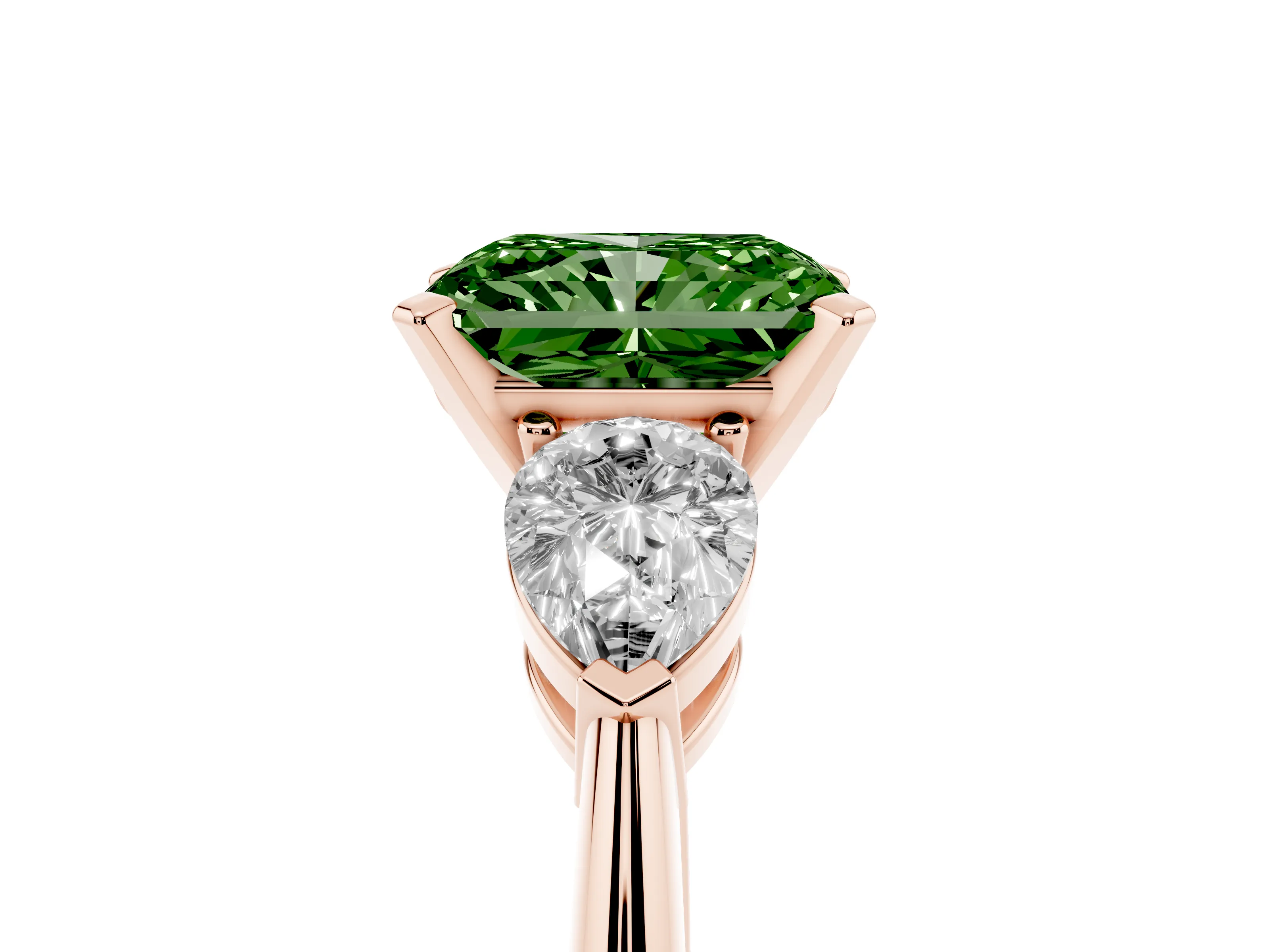 Fancy Green Three-Stone Radiant Cut Diamond Ring Set in Rose gold with Pear Side Stones and Prong Setting