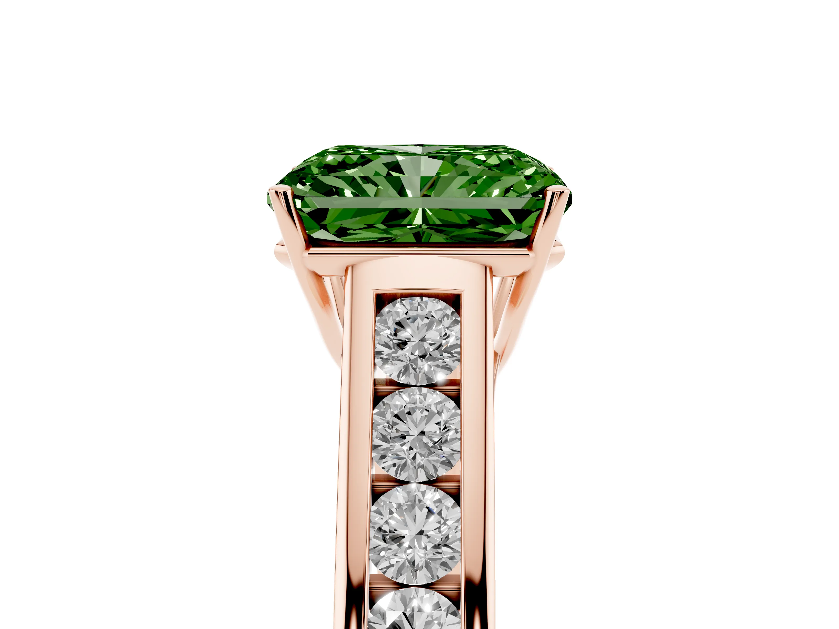 Fancy Green Radiant Cut Diamond Brilliant Channel-Set Solitaire Ring Set in Rose gold with Prong Setting