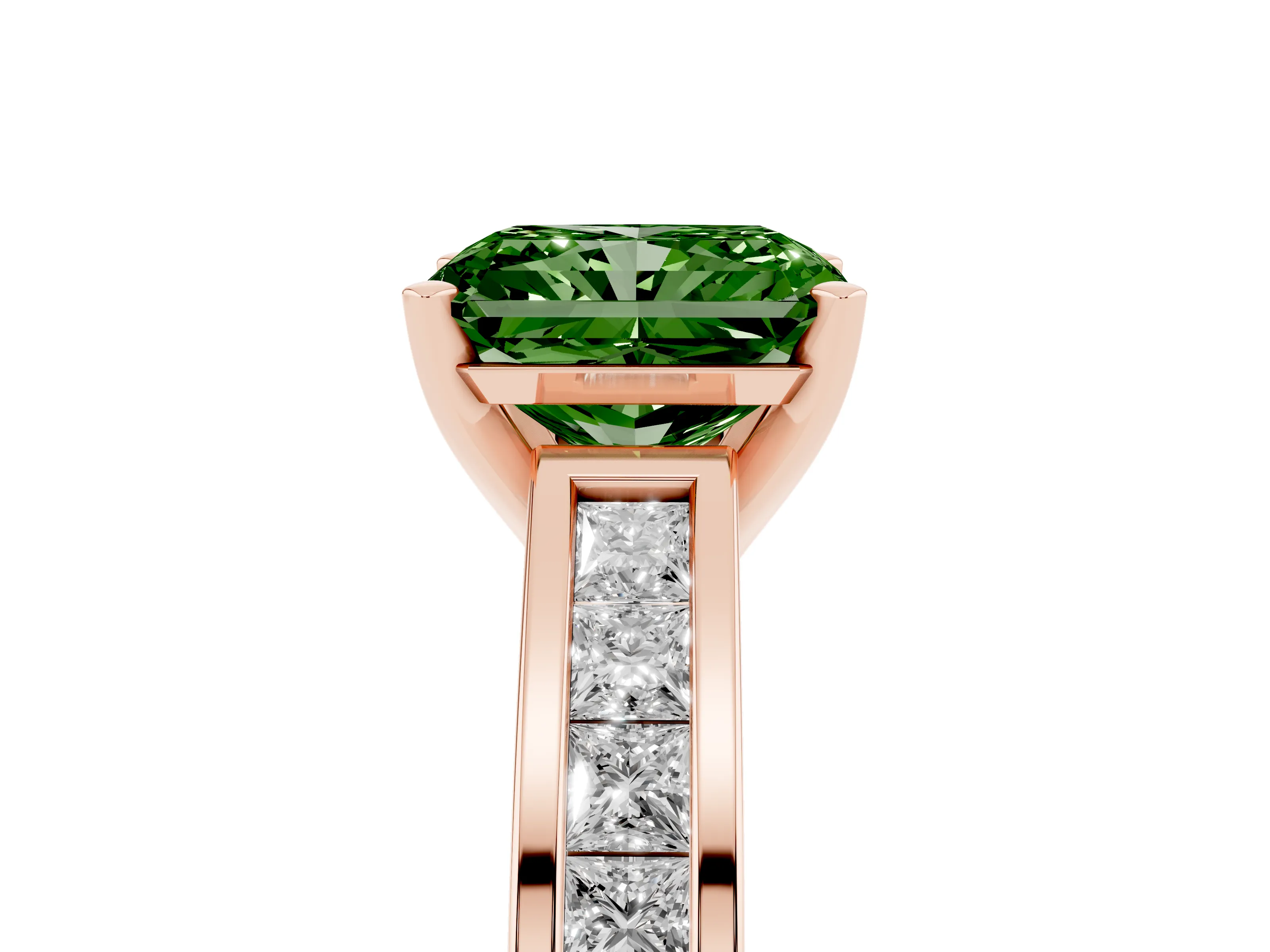 Fancy Green Radiant Cut Diamond Solitaire Ring Set in Rose gold with Channel-Set Band and Prong Setting