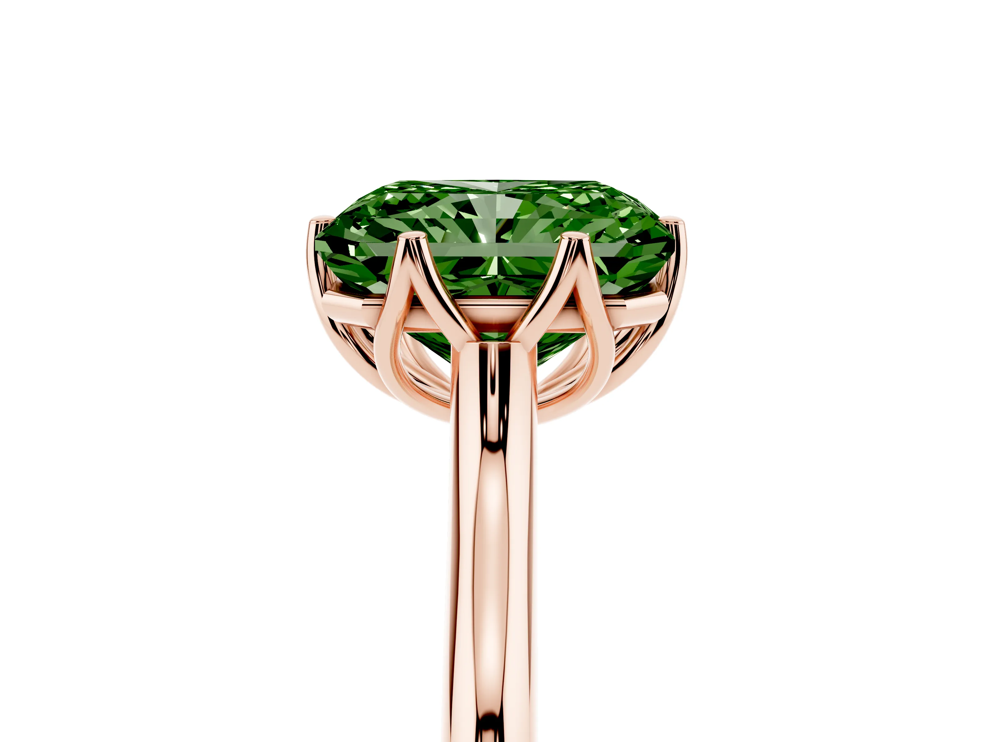 Fancy Green Radiant Cut Diamond Solitaire Cathedral Ring Set in Rose gold with Prong Setting
