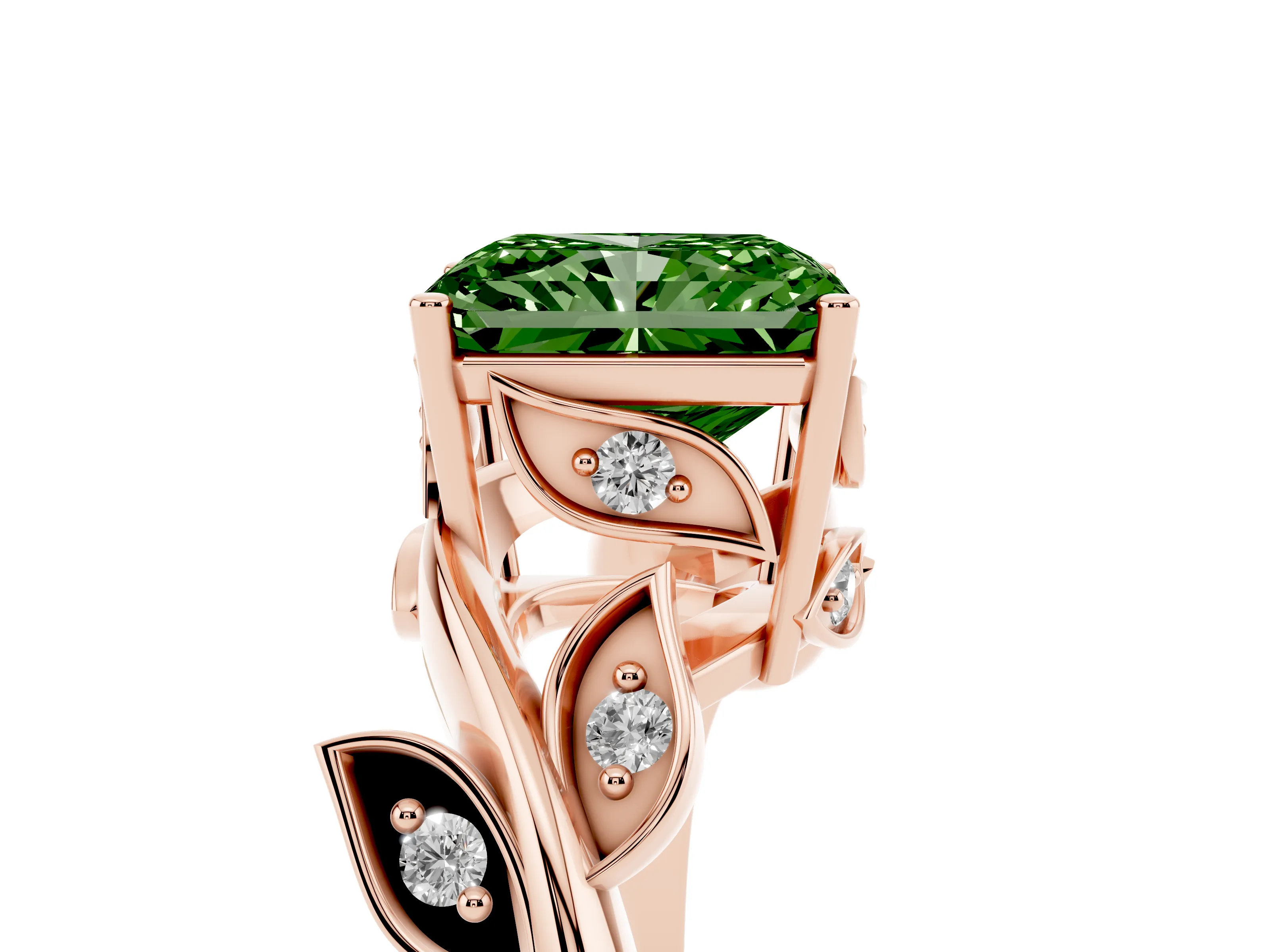 Fancy Green Radiant Cut Diamond Solitaire Twist Engagement Ring Set in Rose gold with Pavé Leaf Accents