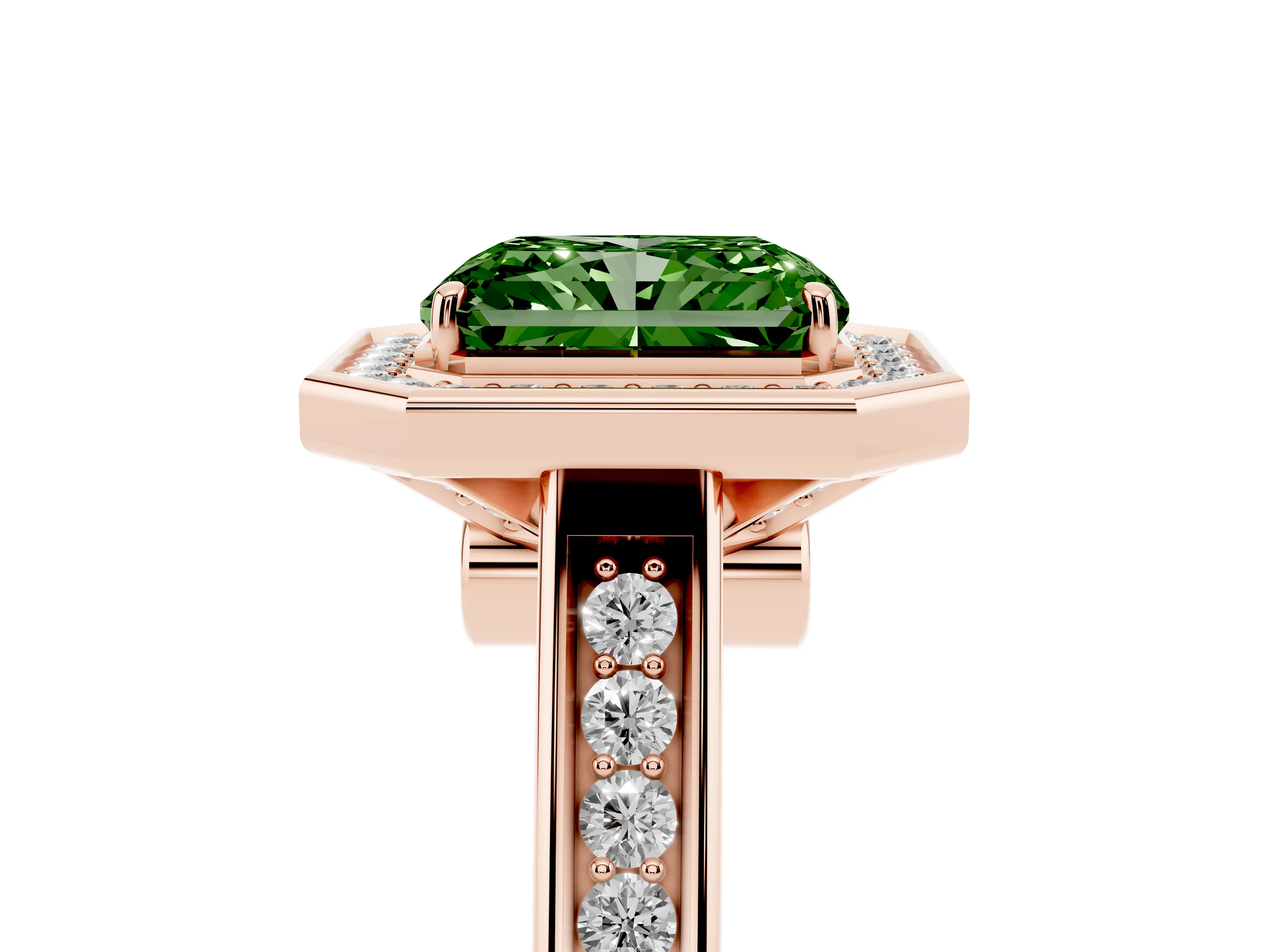 Fancy Green Radiant Cut Diamond Halo Solitaire Ring Set in Rose gold with Pavé Band and Bezel Setting
