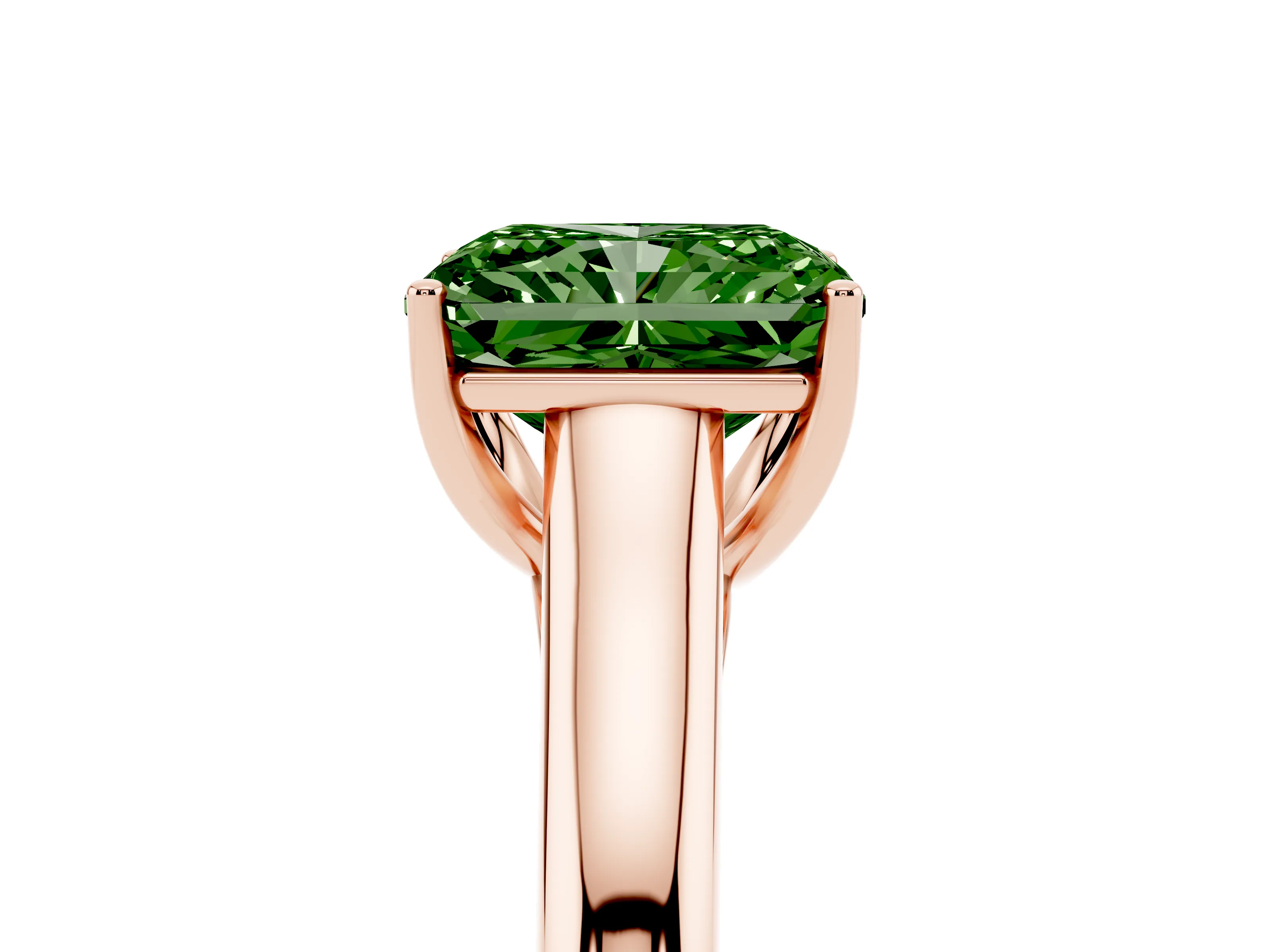 Fancy Green Radiant Cut Diamond Solitaire Engagement Ring Set in Rose gold with Subtly Tapered Band and Prong Setting