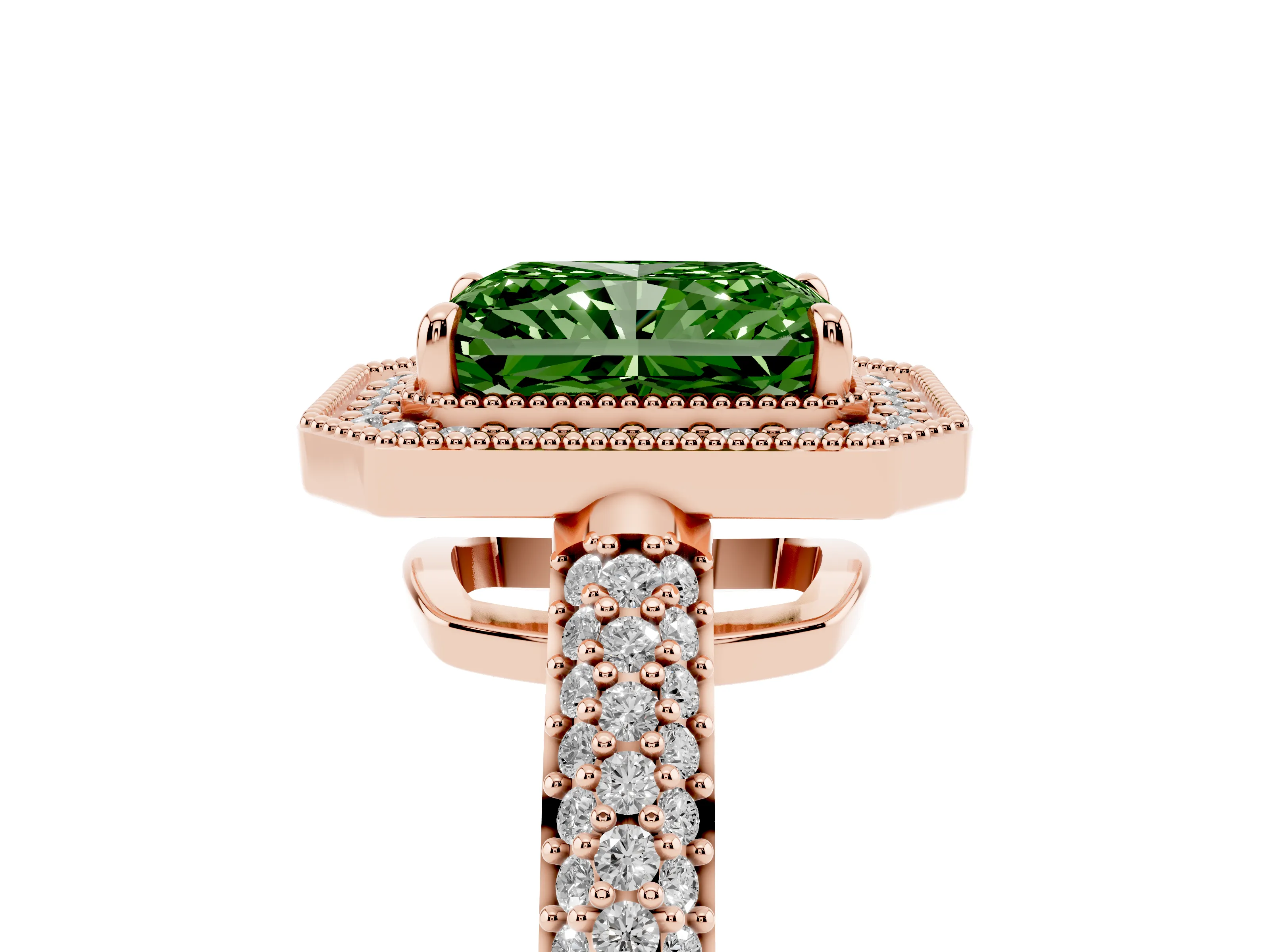 Fancy Green Radiant Cut Diamond Halo Pavé Band Set in Rose gold with Prong Setting