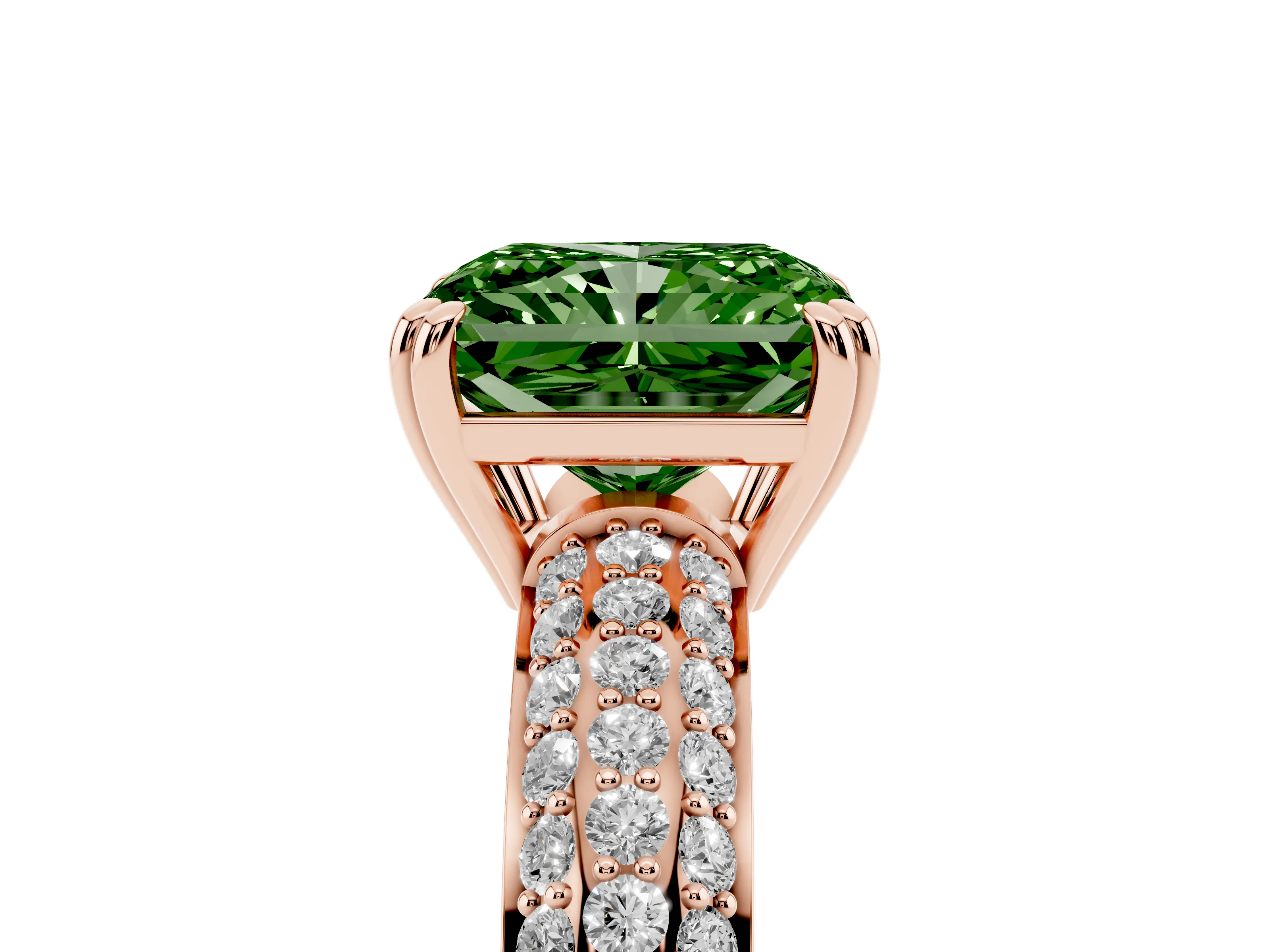Fancy Green Radiant Cut Diamond Solitaire Ring Set in Rose gold with Multi-Row Round Pavé Band and Prong Setting