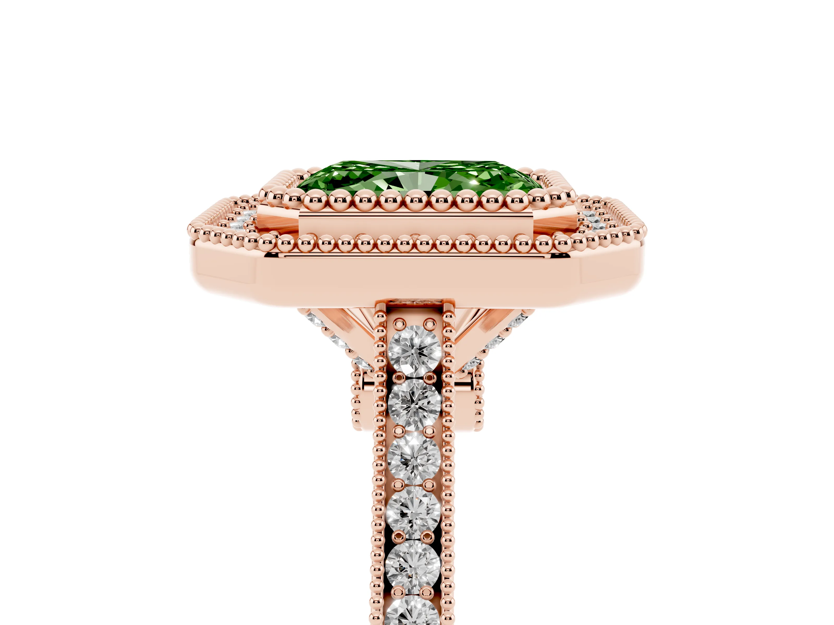 Fancy Green Radiant Cut Diamond Halo Ring Set in Rose gold with Milgrain Frame and Pavé Band