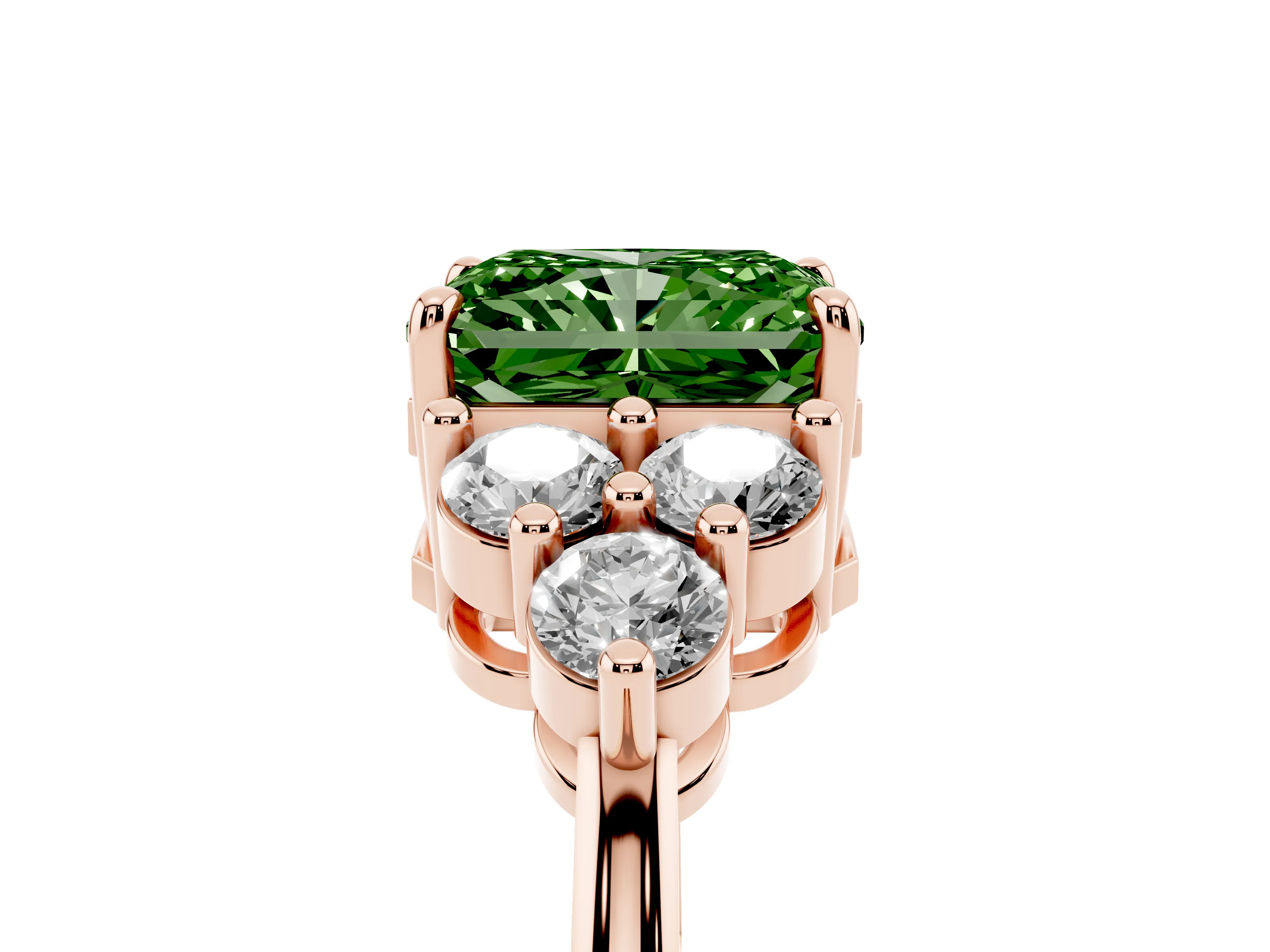 Fancy Green Radiant Cut Diamond Solitaire Ring Set in Rose gold with Cluster Accents on Each Side