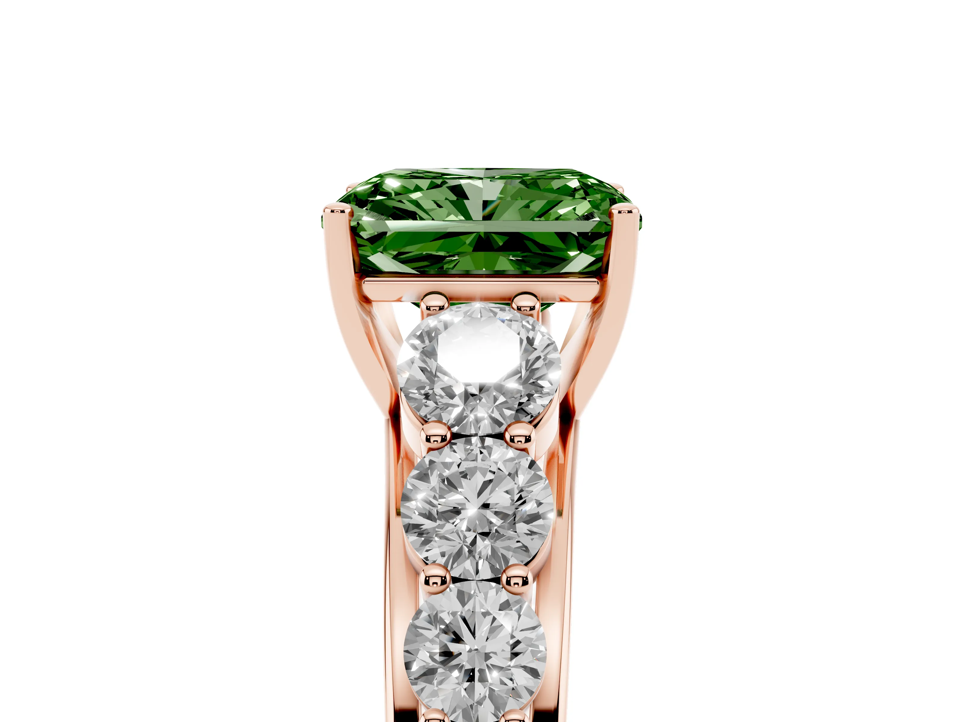 Fancy Green Radiant Cut Diamond Solitaire Ring Set in Rose gold with Pavé-Set Band and Prong Setting
