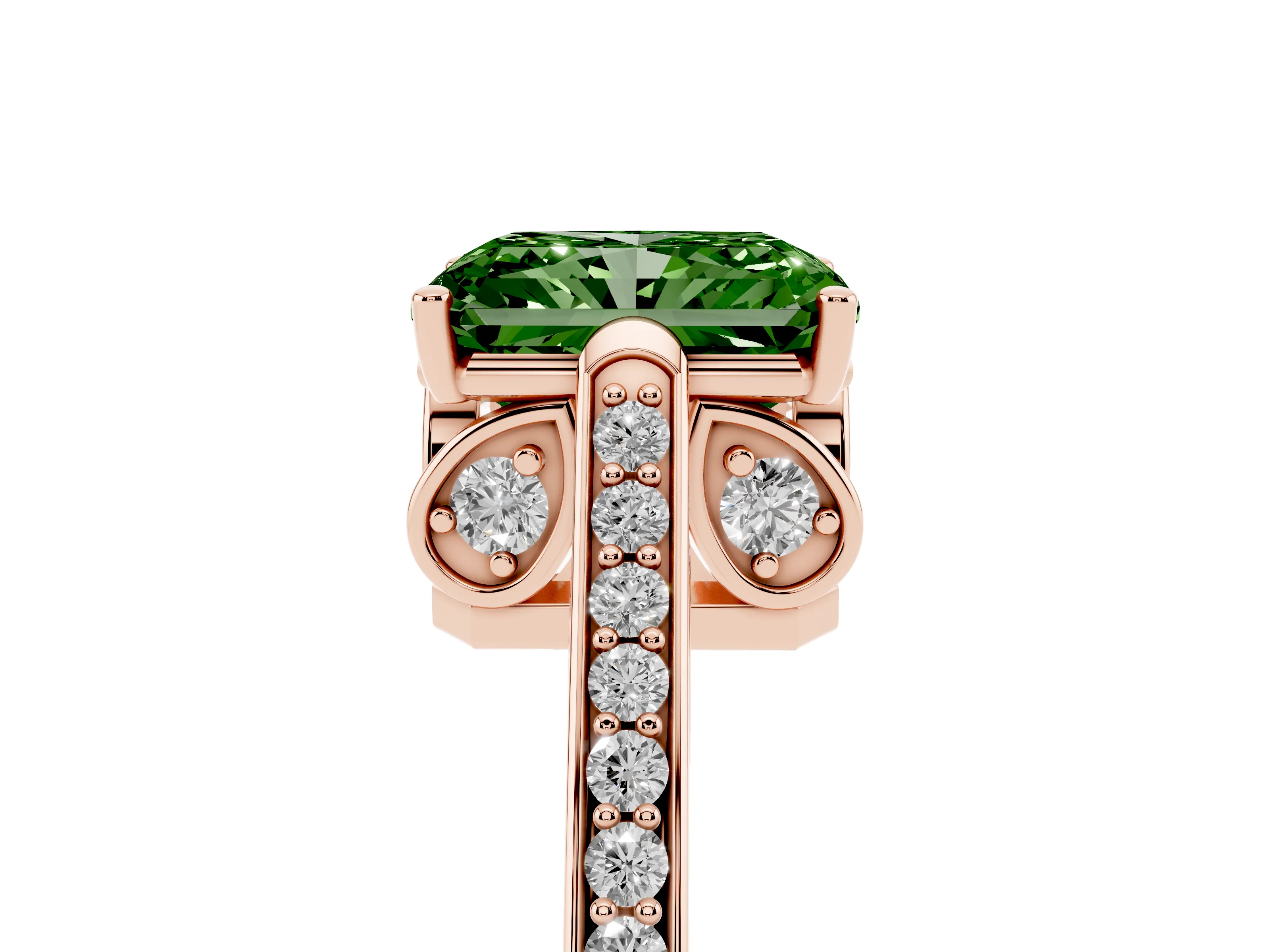 Fancy Green Radiant Cut Diamond Cathedral Pavé Engagement Ring Set in Rose gold with Prong Setting