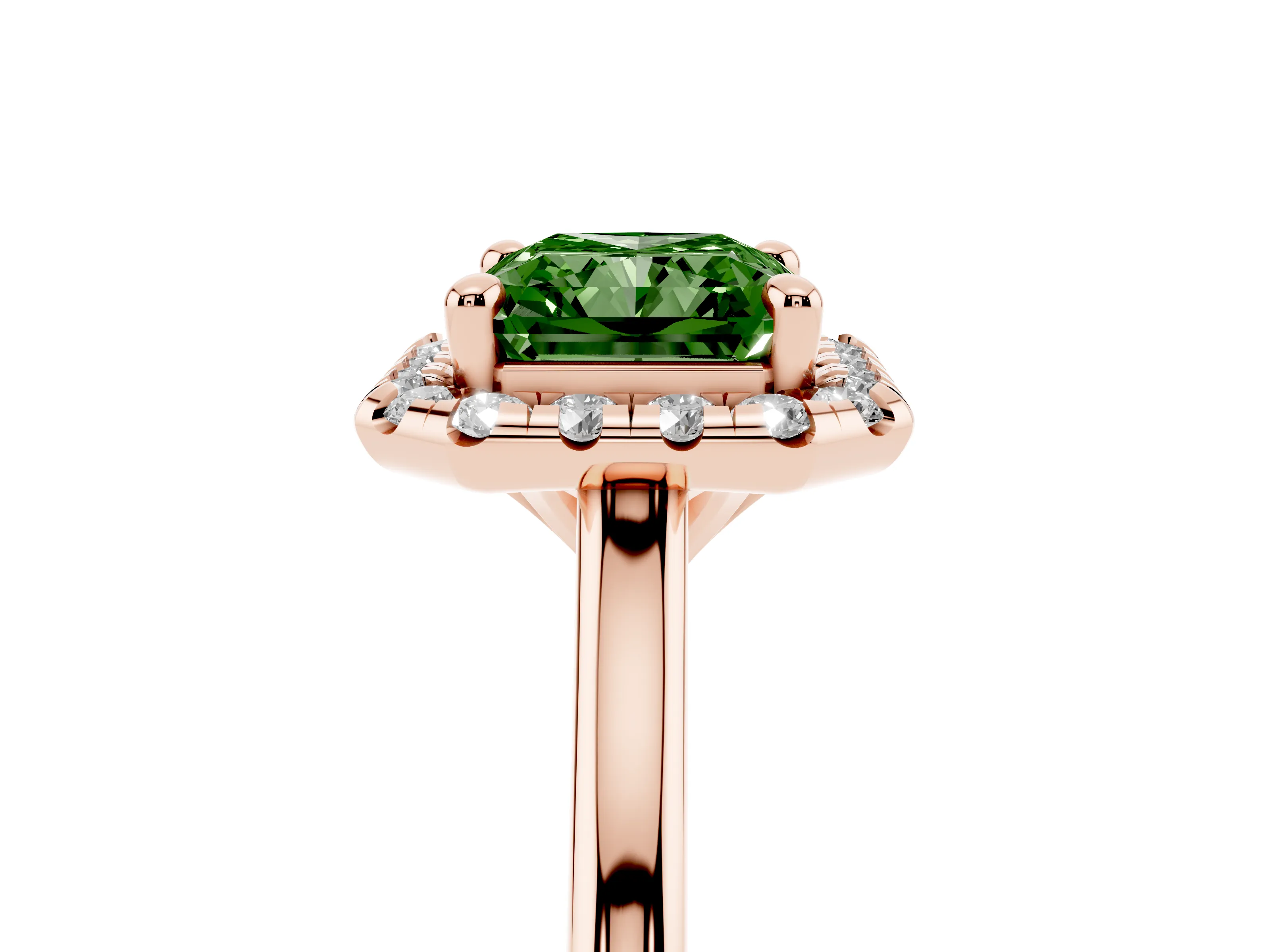 Fancy Green Radiant Cut Diamond Halo Engagement Ring Set in Rose gold with Pavé Band and Rising Shoulders