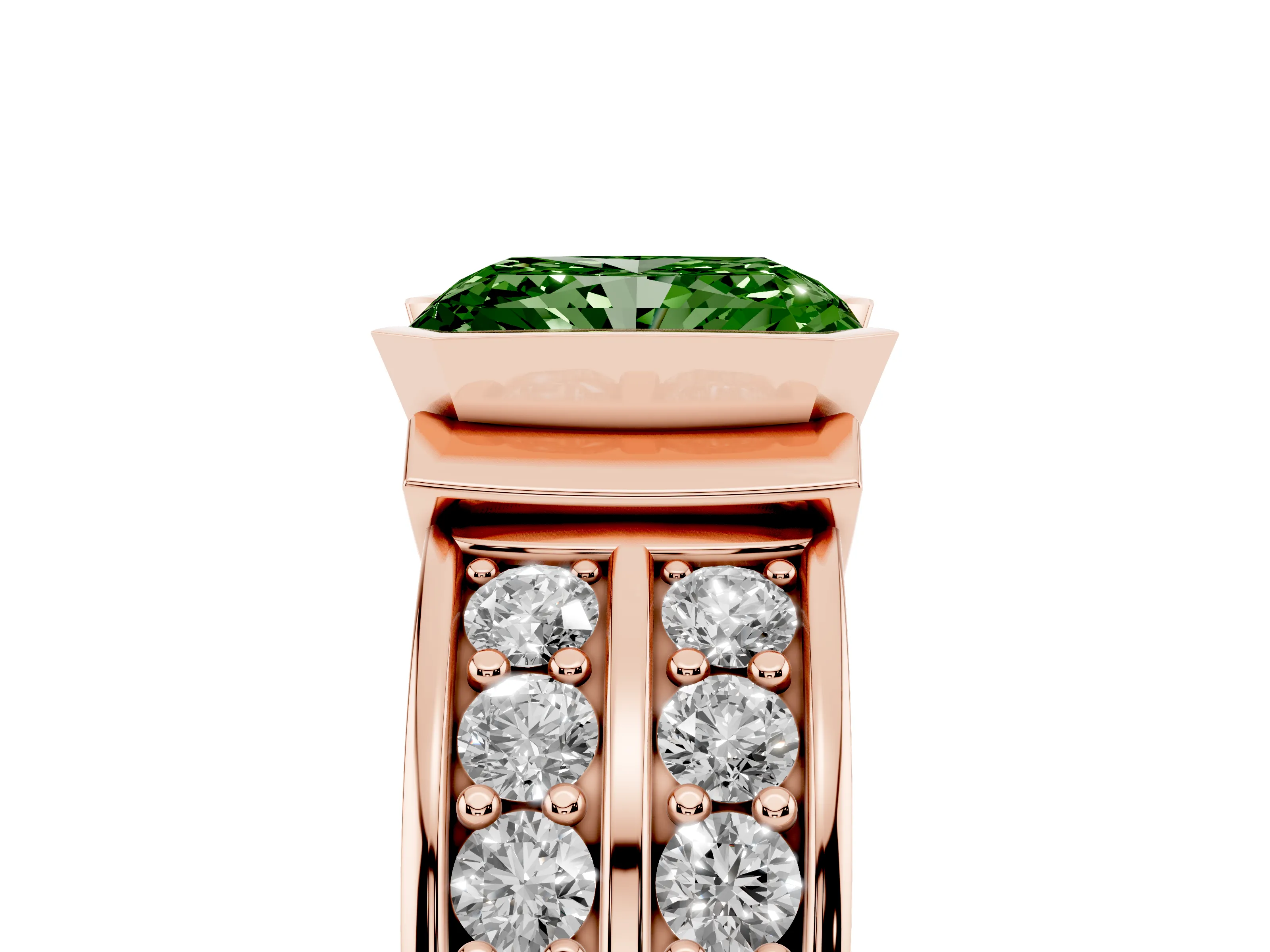 Fancy Green Radiant Cut Diamond Wide Channel Set Band Ring Set in Rose gold with Bezel Setting