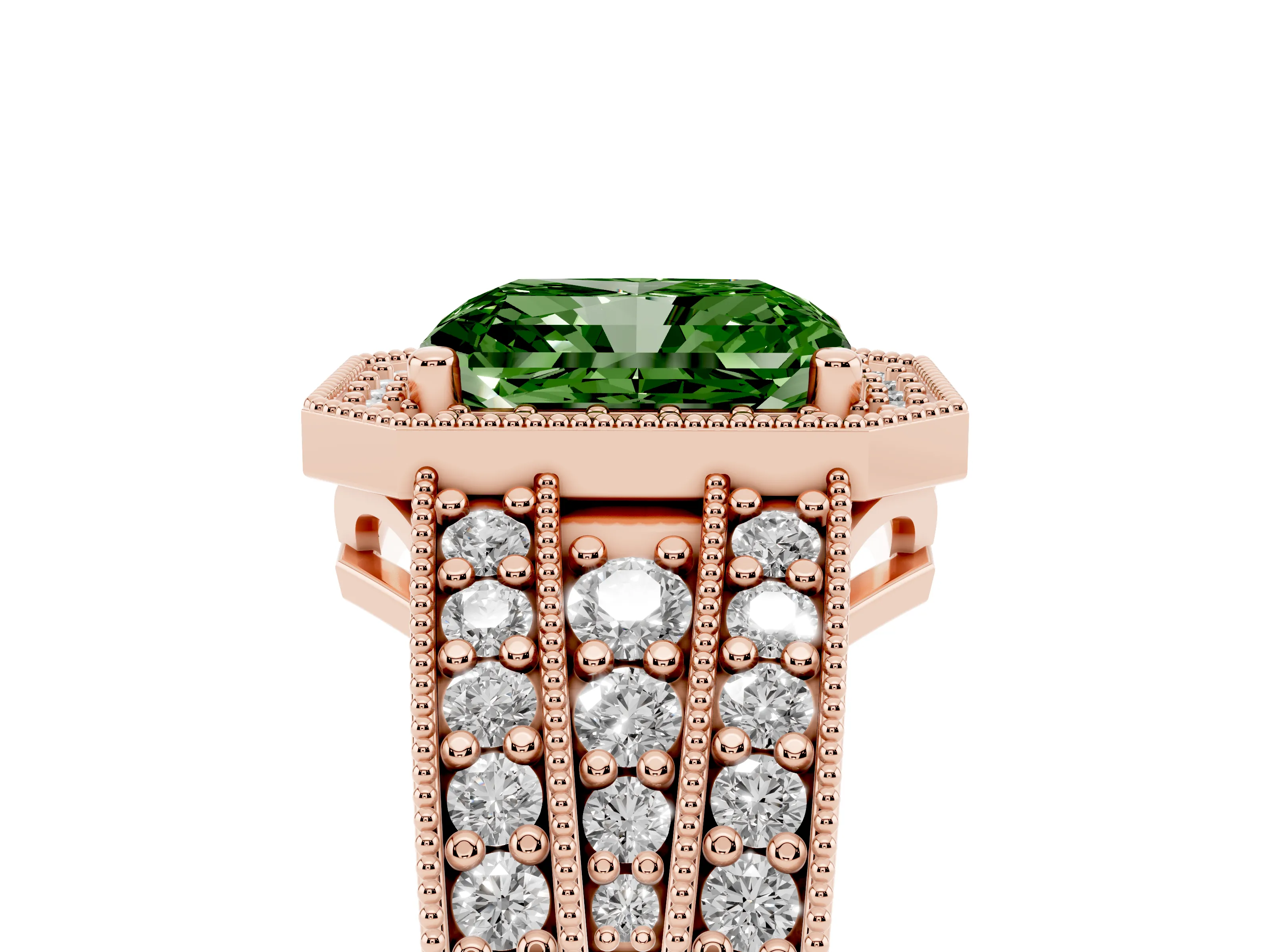 Fancy Green Radiant Cut Diamond Halo Ring Set in Rose gold with Accent Split Shank and Prong Setting