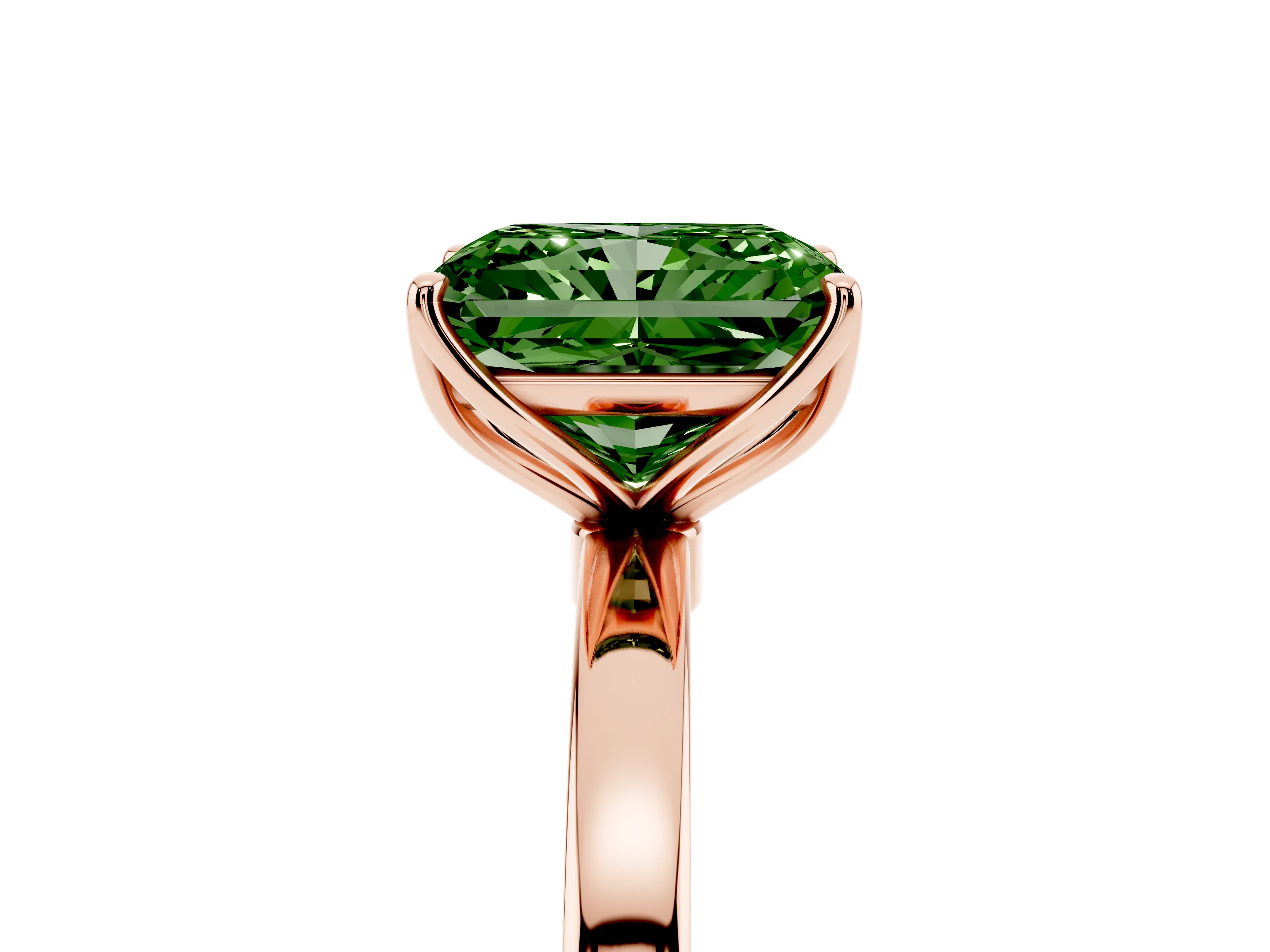 Fancy Green Radiant Cut Diamond Solitaire Ring Set in Rose gold with Prong Setting and Thin Polished Band