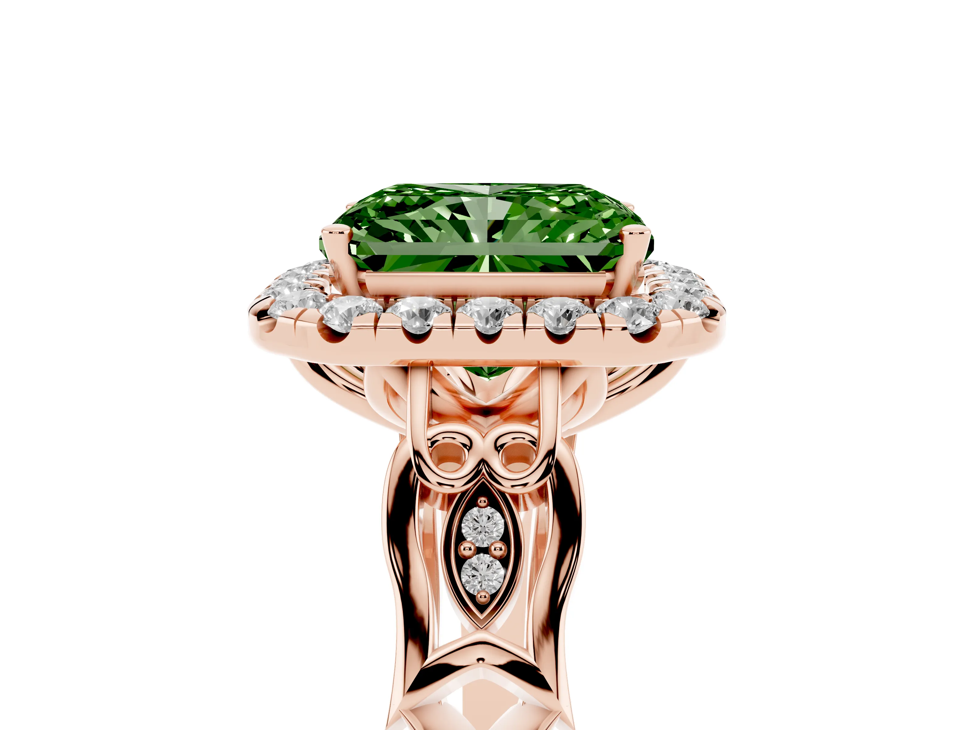 Fancy Green Radiant Cut Diamond Halo Engagement Ring Set in Rose gold with Filigree Band and Prong-Set Center