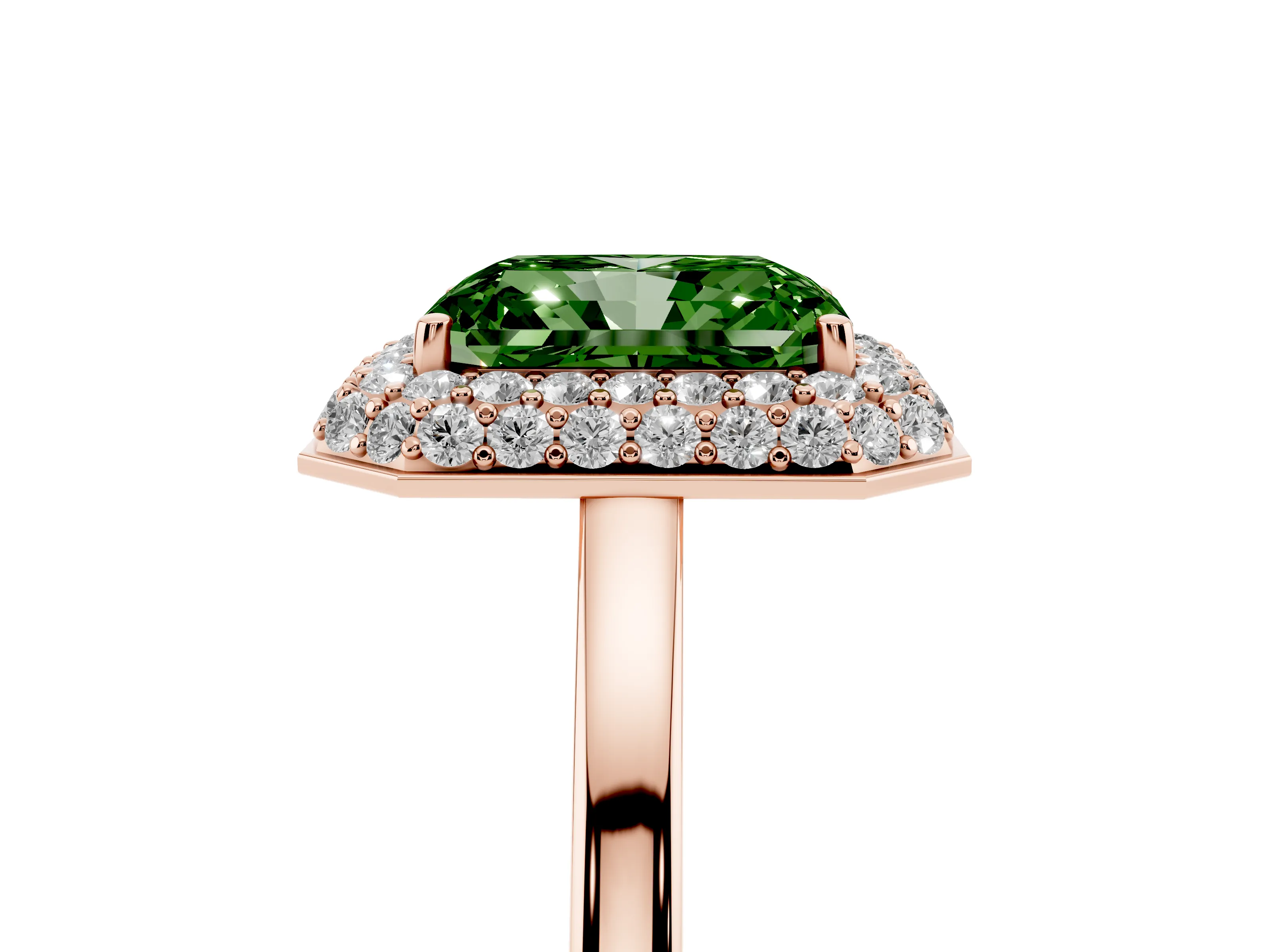Fancy Green Radiant Cut Diamond Halo Engagement Ring Set in Rose gold with Solitaire Band and Prong Setting