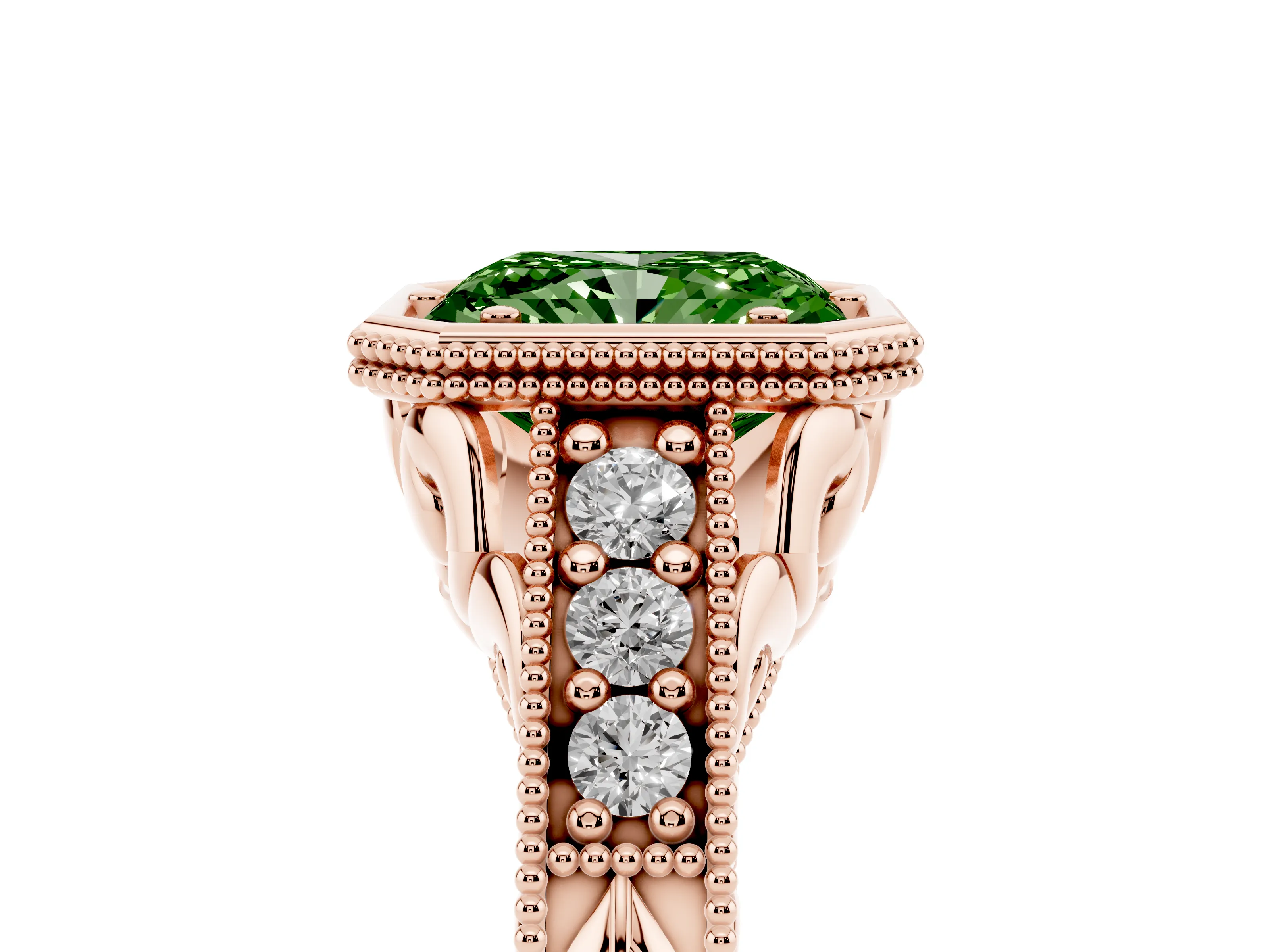 Fancy Green Bezel Set Radiant Cut Diamond Milgrain Pavé Engagement Ring Set in Rose gold