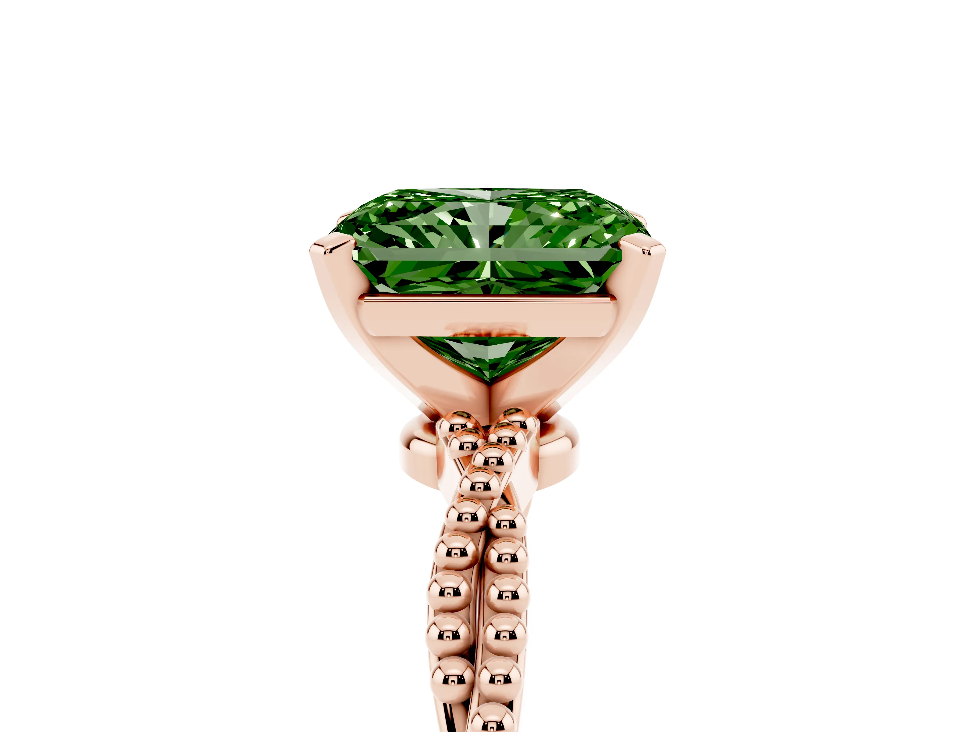Fancy Green Radiant Cut Diamond Solitaire Ring Set in Rose gold with Twisted Band and Bead Prong Setting