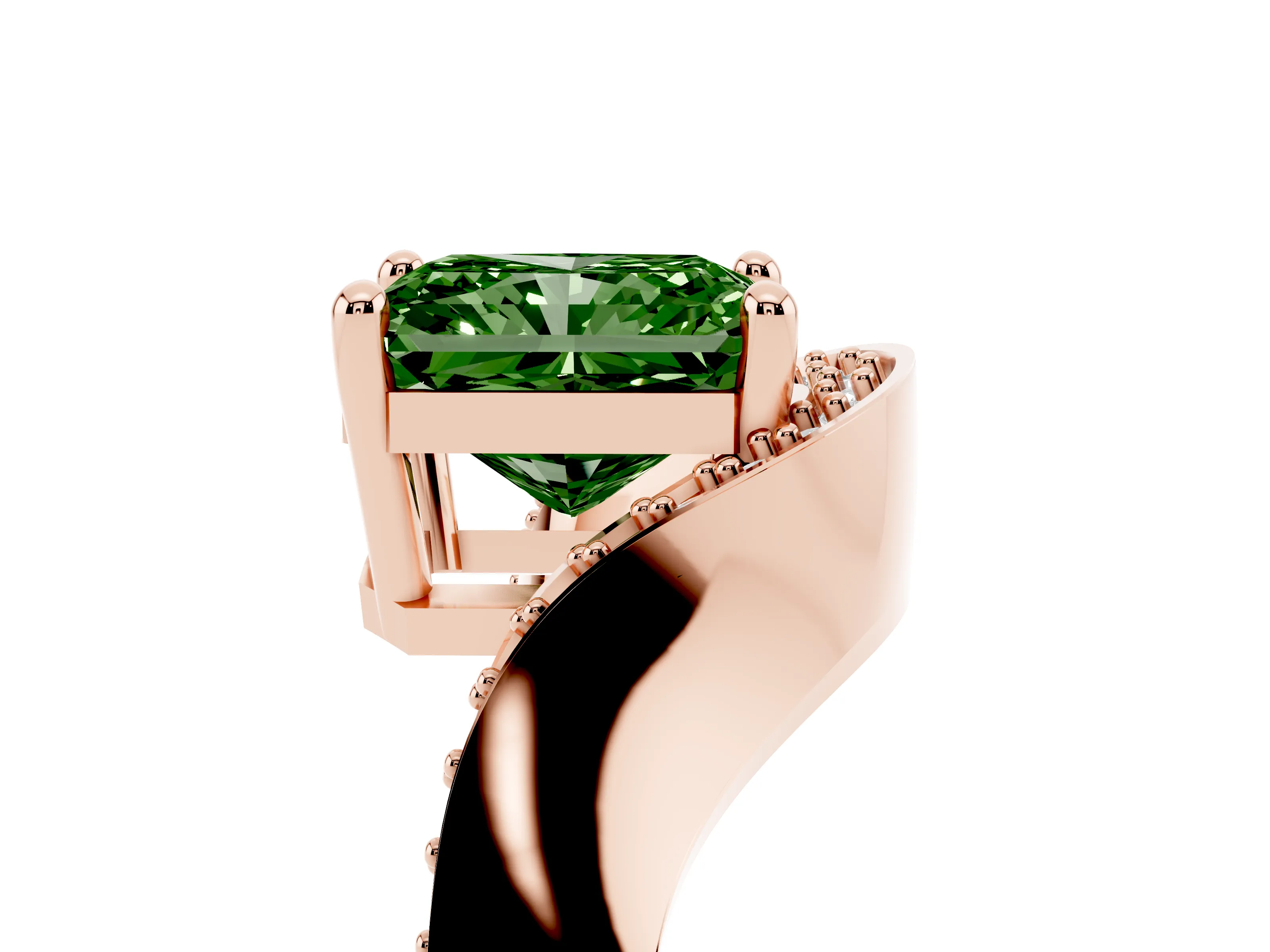 Fancy Green Radiant Cut Diamond Solitaire Engagement Ring Set in Rose gold with Pavé Shoulders