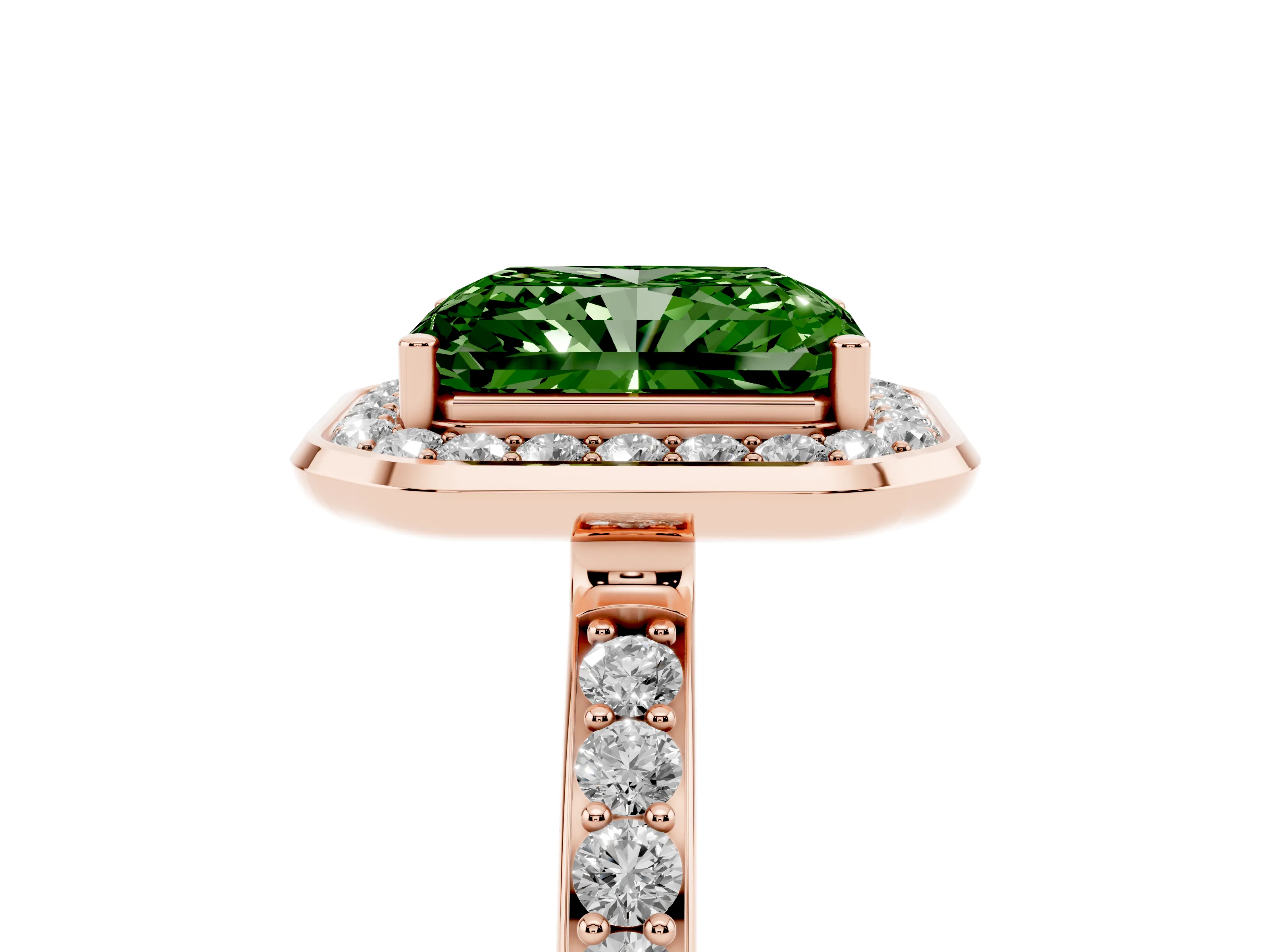 Fancy Green Radiant Cut Diamond Halo Ring Set in Rose gold with Bezel Frame and Pavé Band