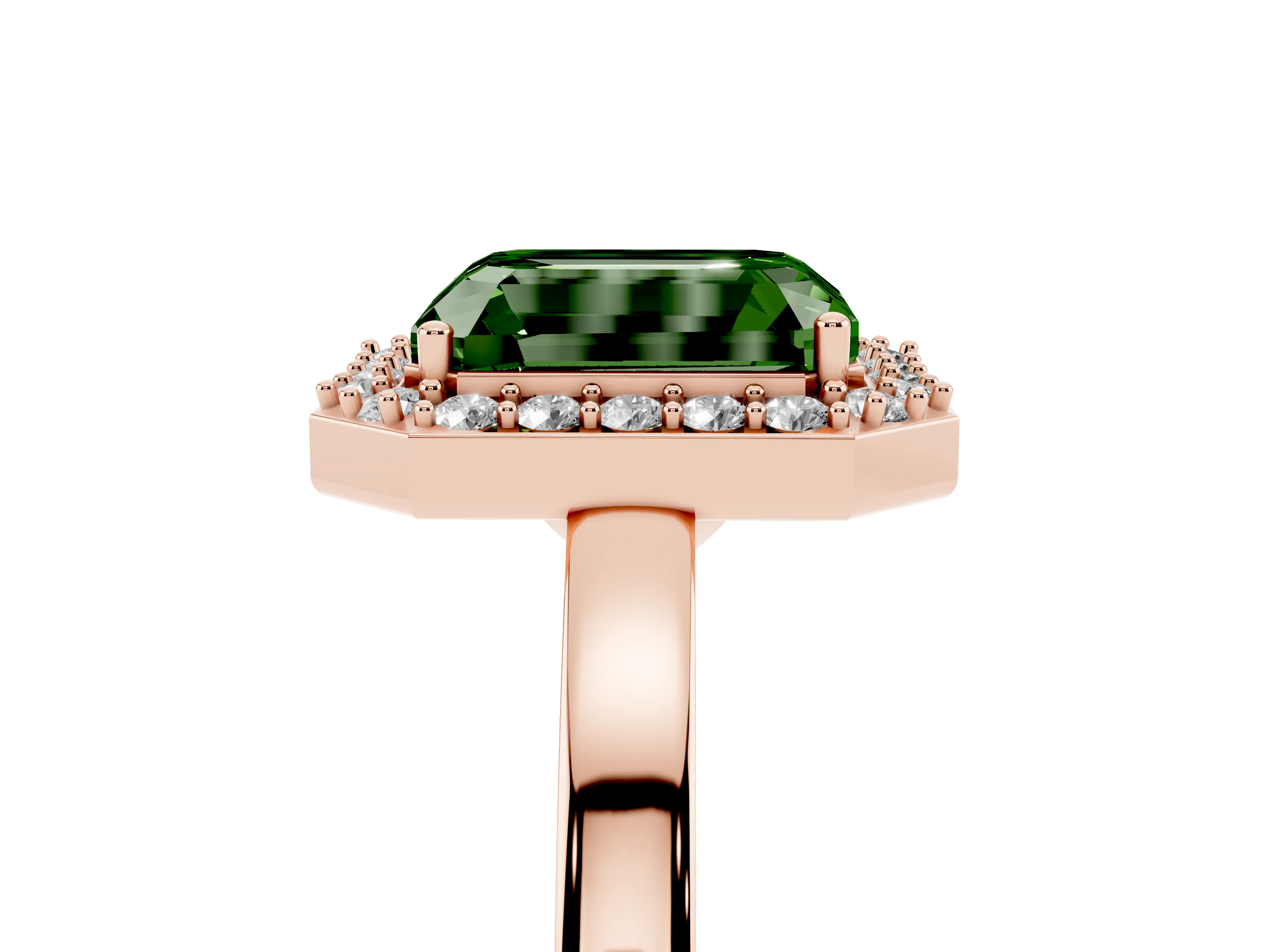 Fancy Green Radiant Cut Diamond Halo Ring Set in Rose gold with Solitaire Band and Prong Setting