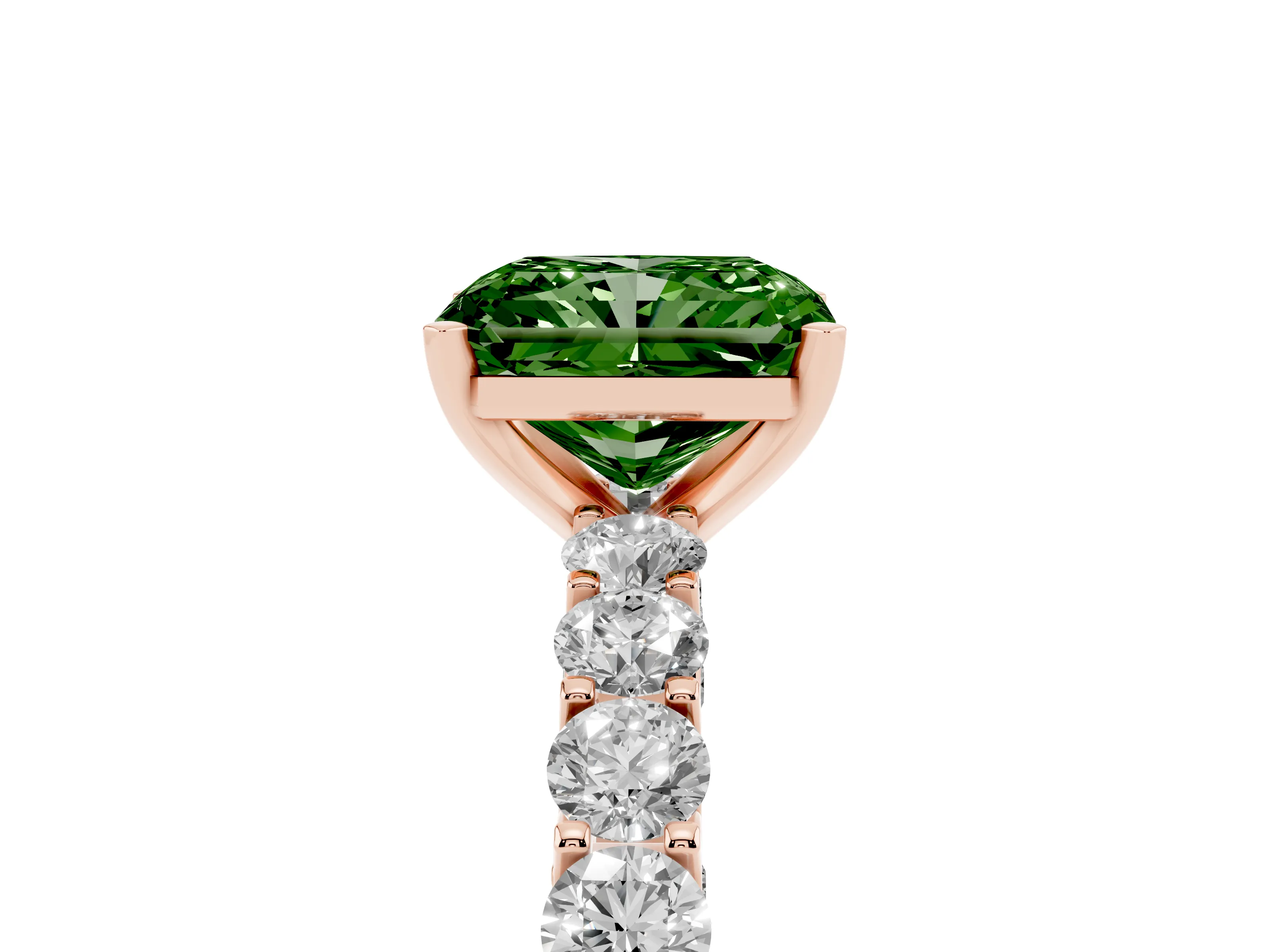 Fancy Green Radiant Cut Diamond Solitaire Ring Set in Rose gold with Shared Prong Pavé Band