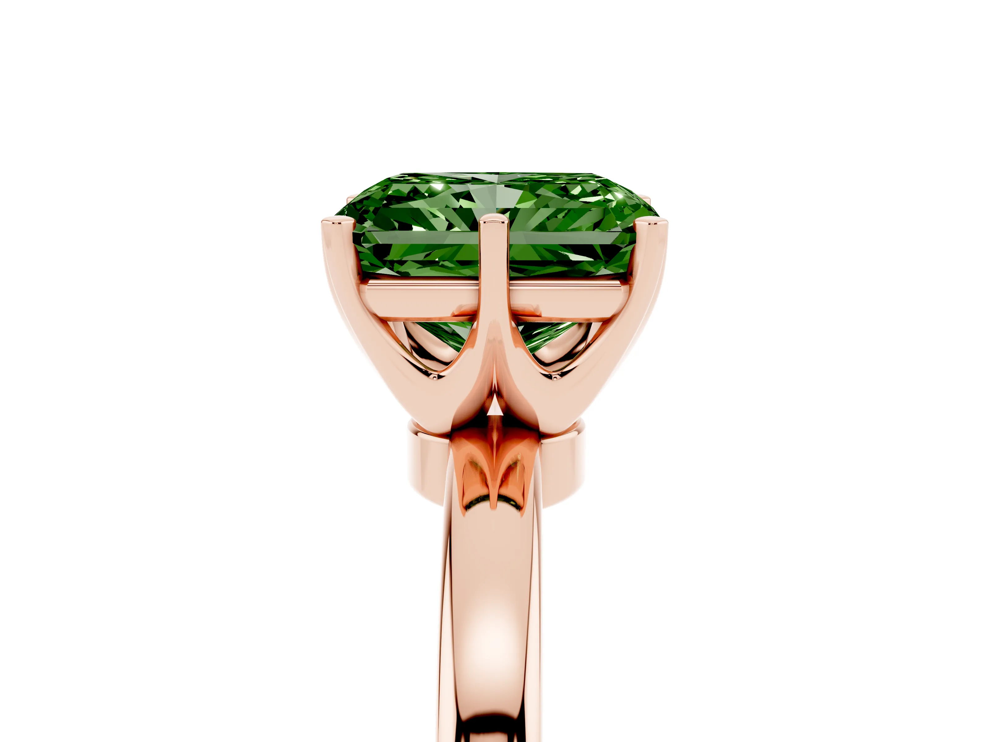 Fancy Green Radiant Cut Diamond Solitaire Ring Set in Rose gold with Raised Prong Setting on a Classic Band
