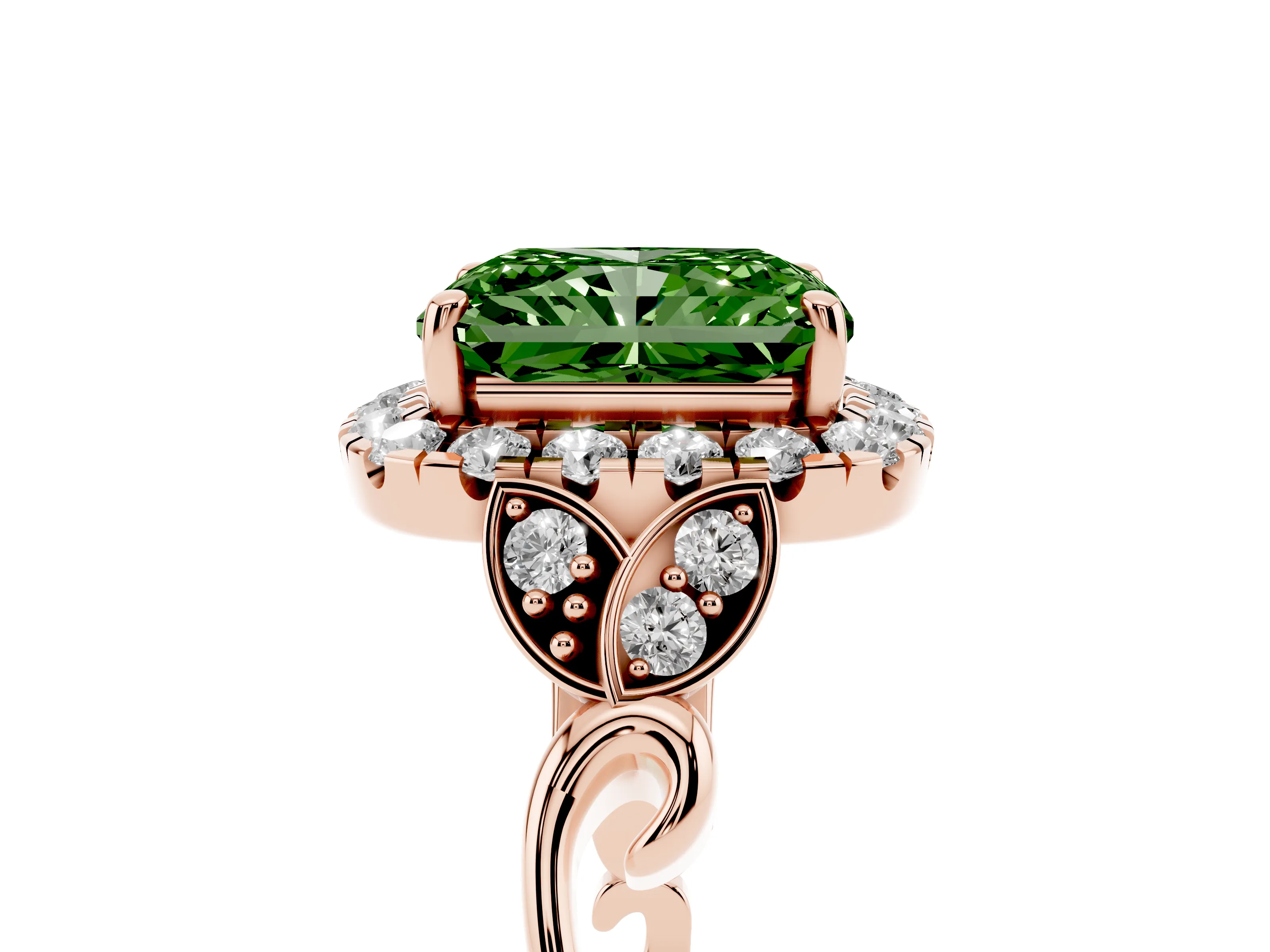 Fancy Green Radiant Cut Diamond Halo Engagement Ring Set in Rose gold with Vintage-Inspired Band and Prong Setting