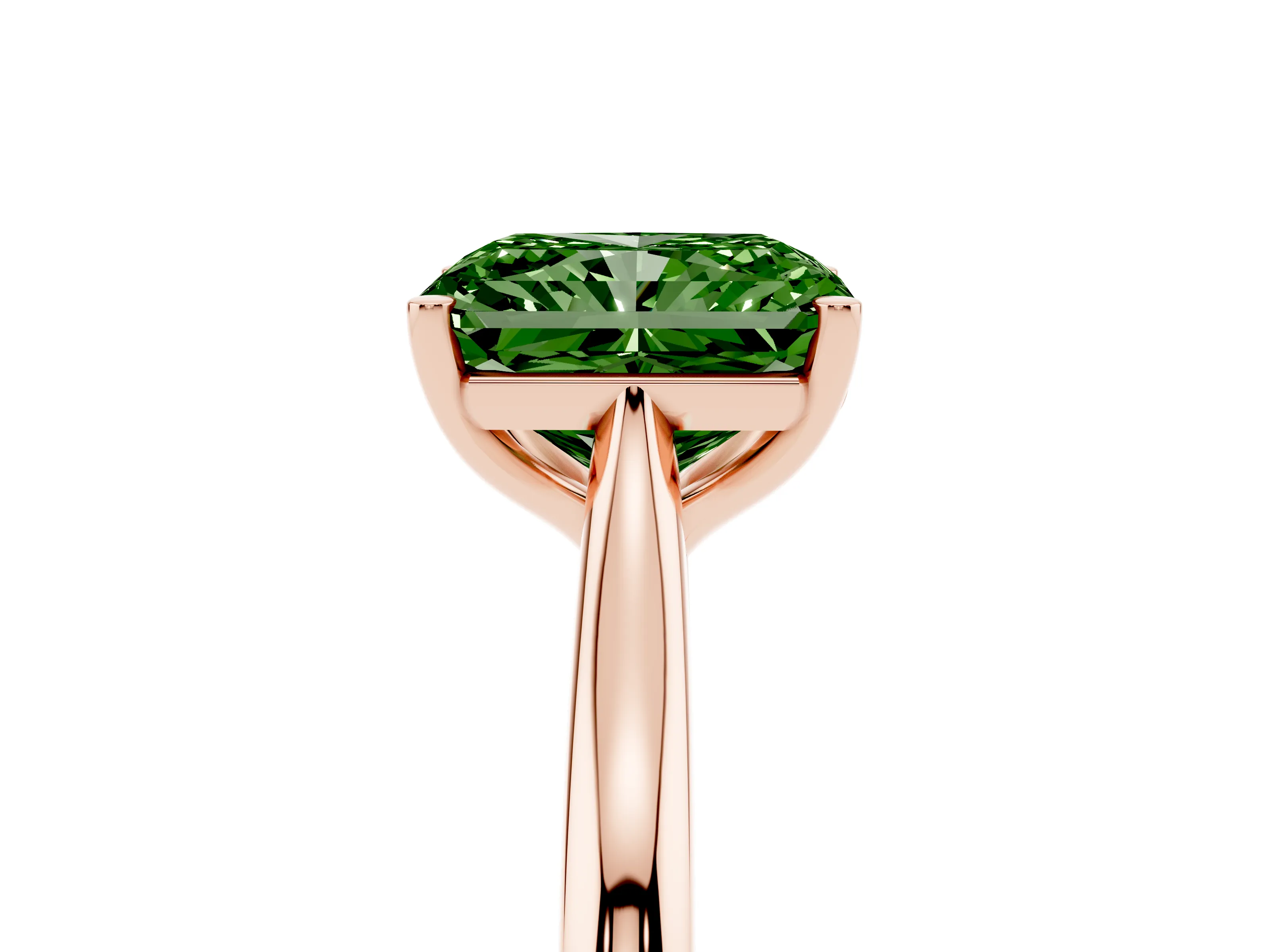 Fancy Green Radiant Cut Diamond Solitaire Ring Set in Rose gold with Cathedral Band and Prong Setting