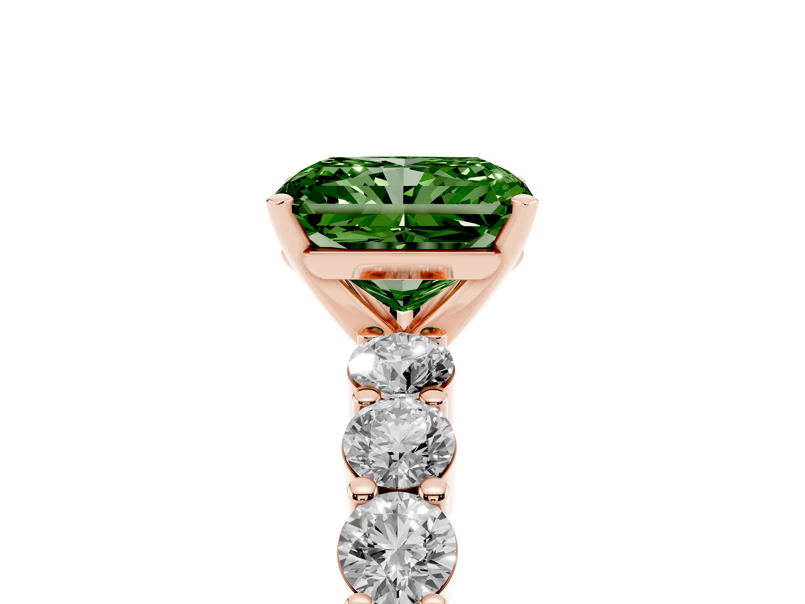 Fancy Green Radiant Cut Diamond Solitaire Ring Set in Rose gold with Shared Prong Round Side Stones