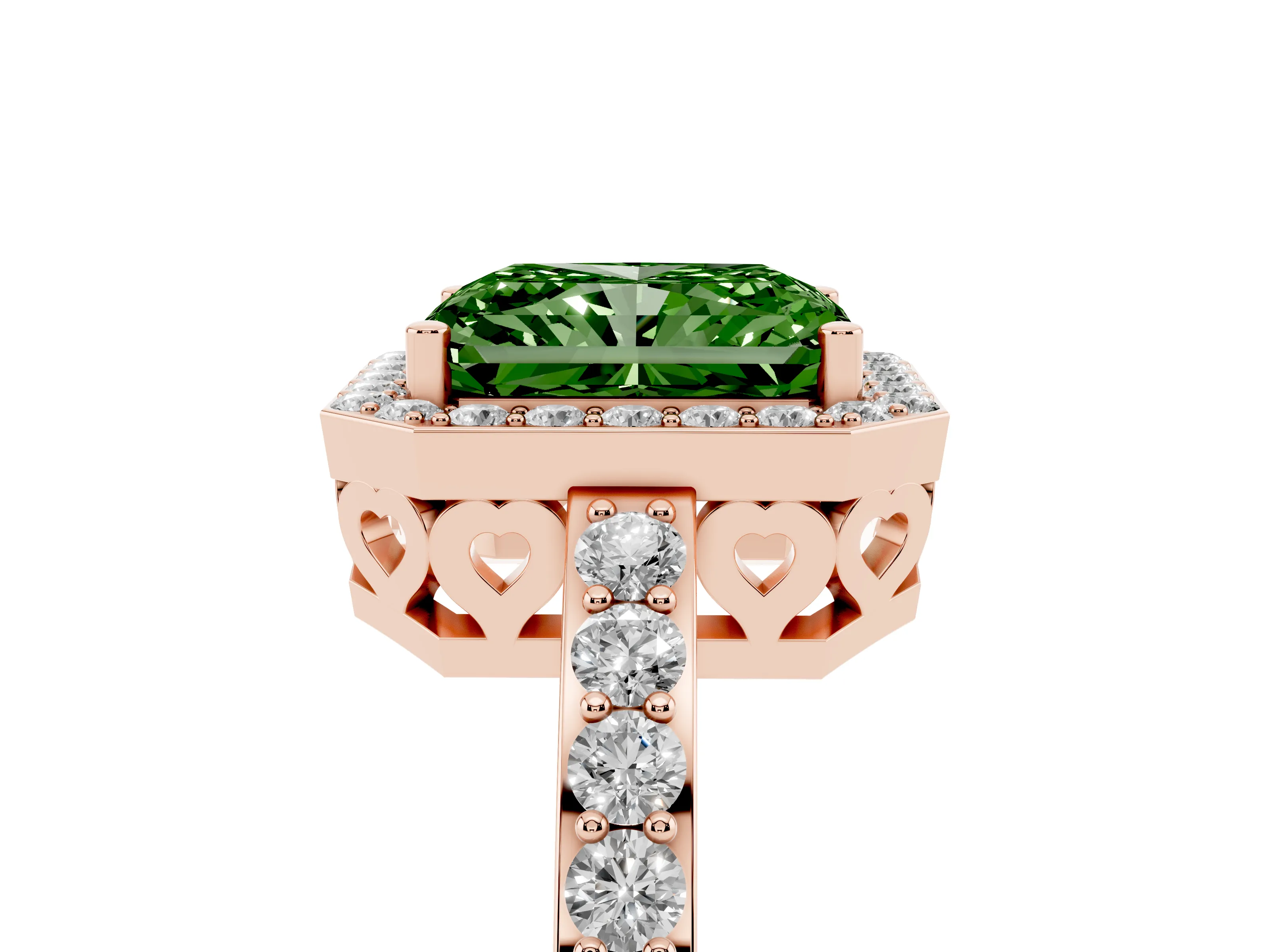 Fancy Green Radiant Cut Diamond Halo Ring Set in Rose gold with Pavé-Setting Band and Open Prong Center