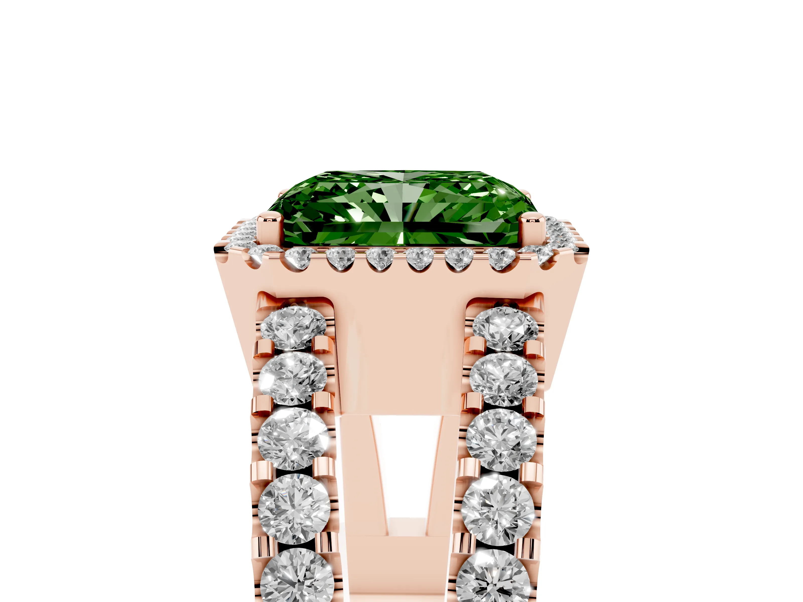 Fancy Green Radiant Cut Diamond Halo Ring Set in Rose gold with Pavé Split Shank and Prong Setting
