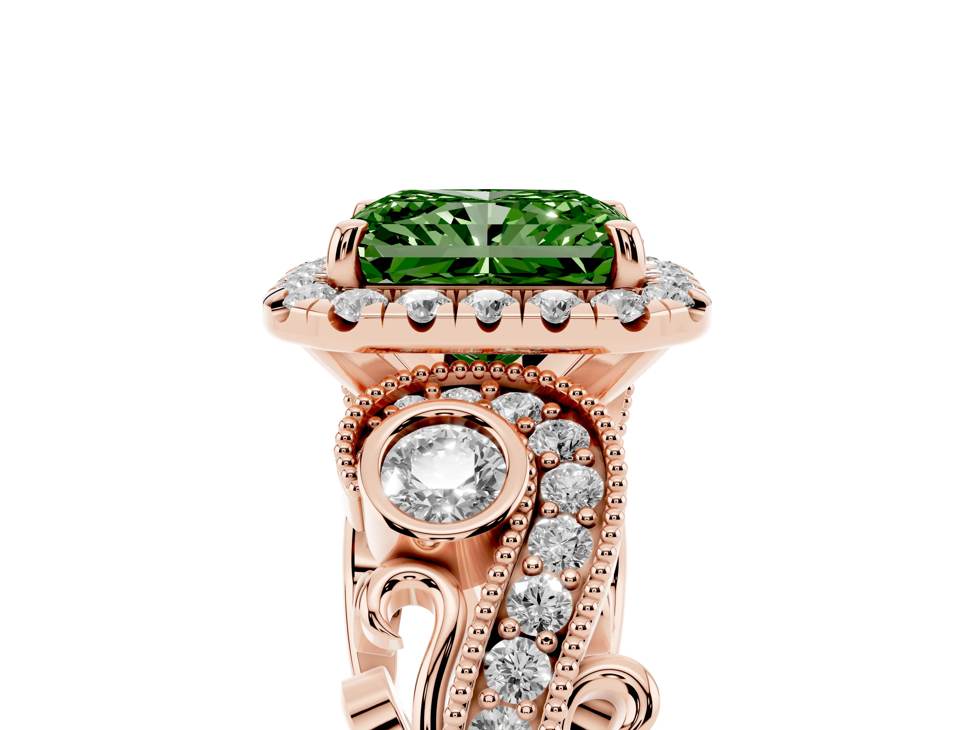 Fancy Green Radiant Cut Diamond Halo Ring Set in Rose gold with Milgrain Pavé Band and Prong Setting