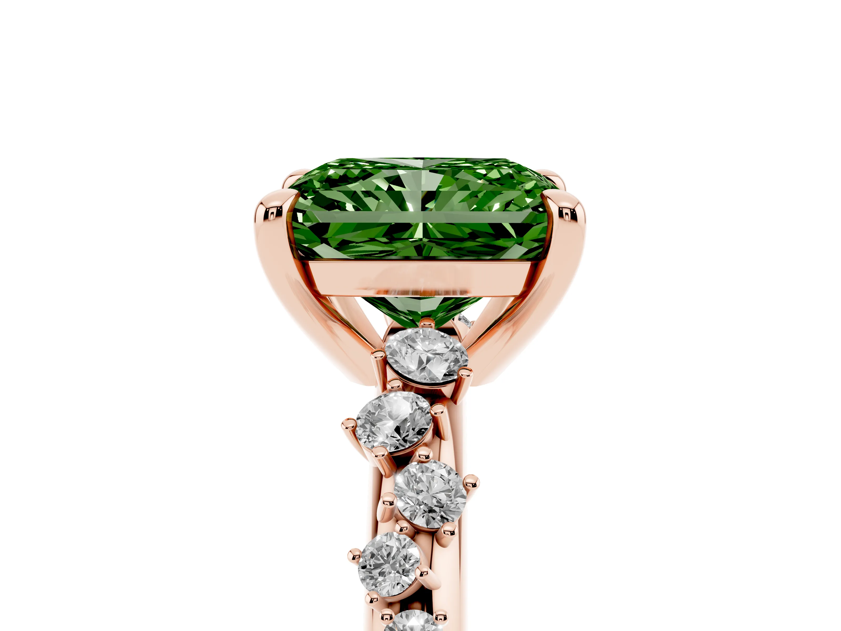 Fancy Green Radiant Cut Diamond Solitaire Vine Band Ring Set in Rose gold with Round Accents and Prong Setting