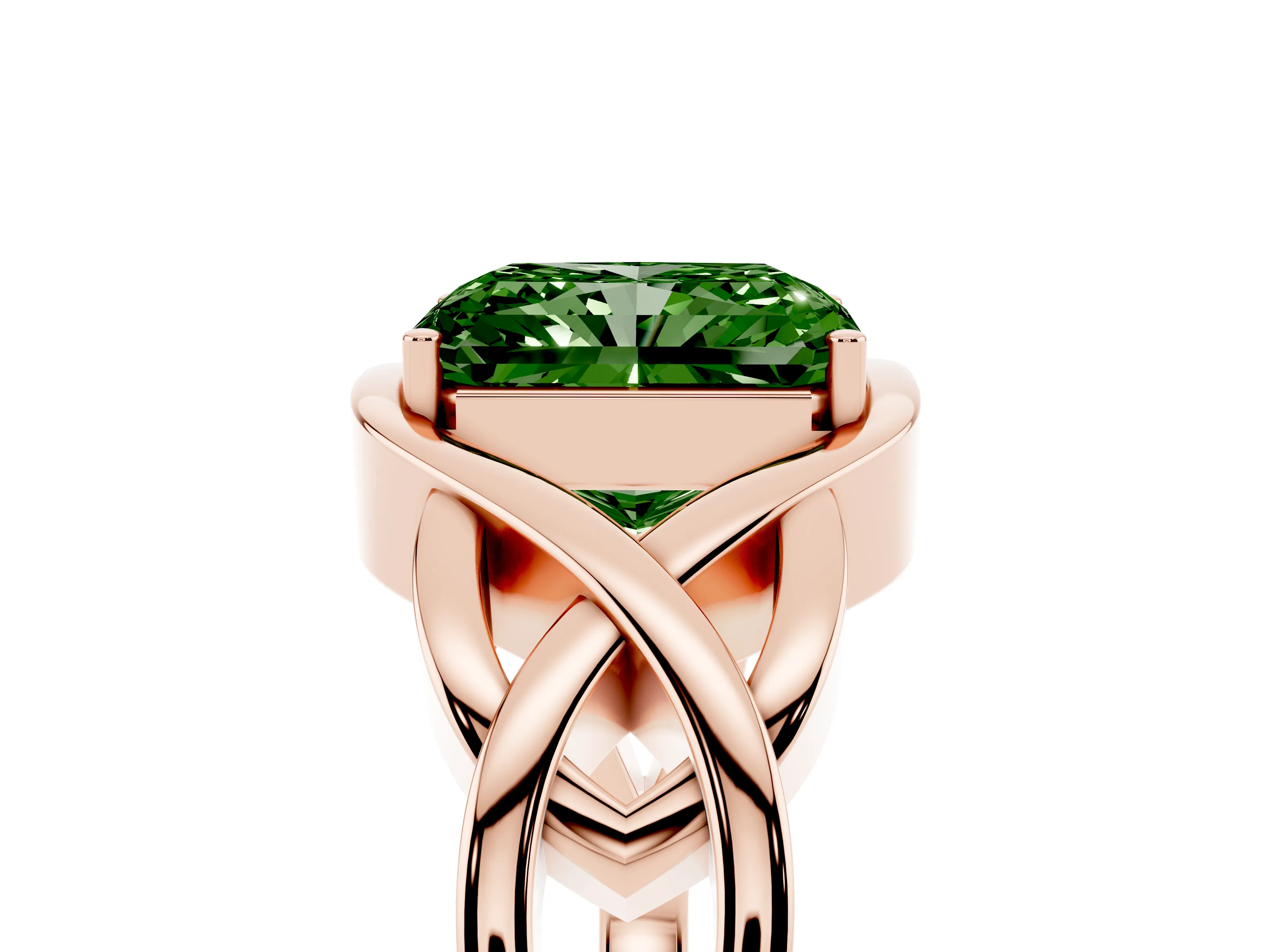 Fancy Green Radiant Cut Diamond Solitaire Ring Set in Rose gold with Intertwined Band