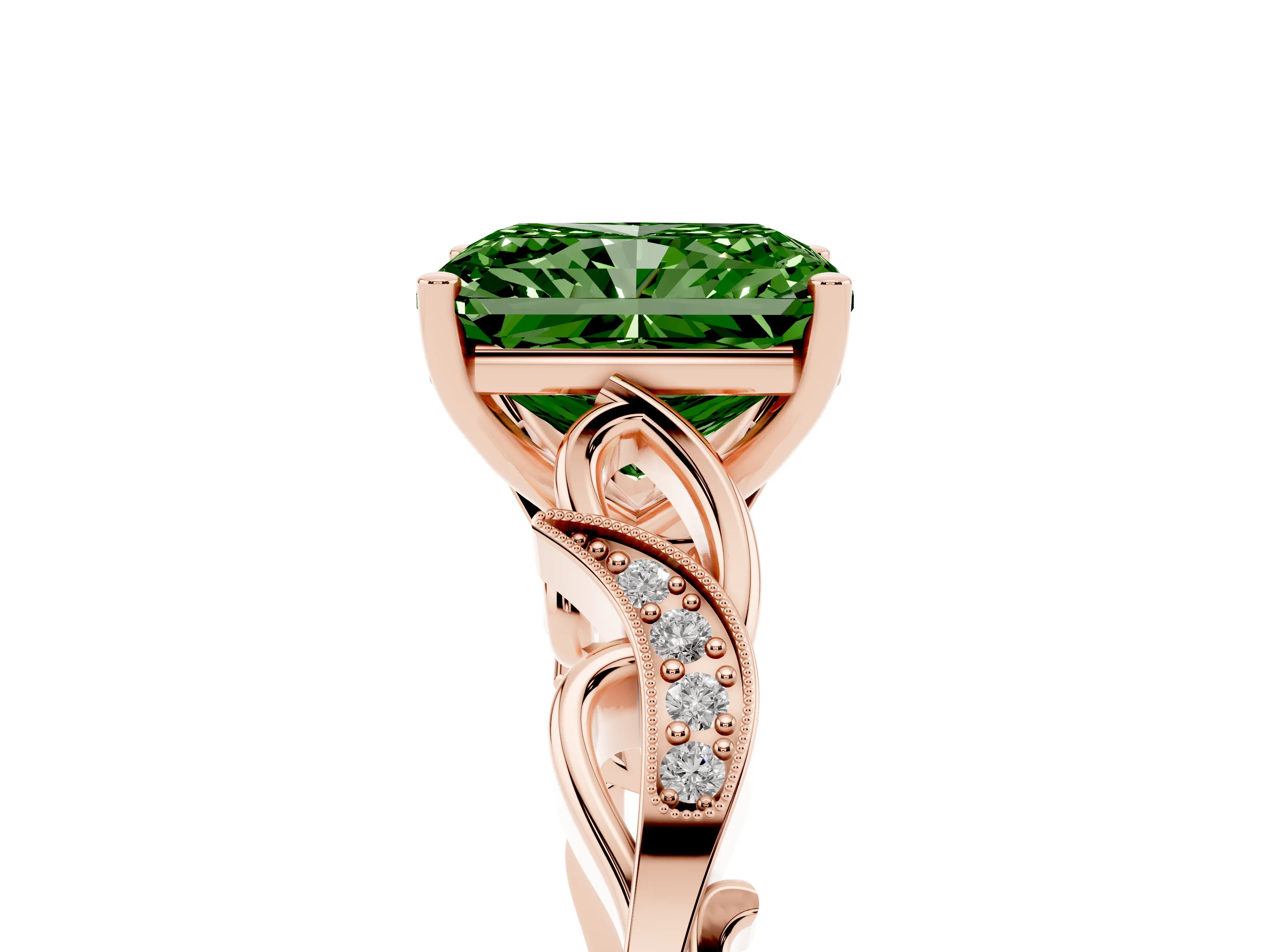 Fancy Green Radiant Cut Diamond Vine Band Solitaire Ring Set in Rose gold with Milgrain Prong Setting