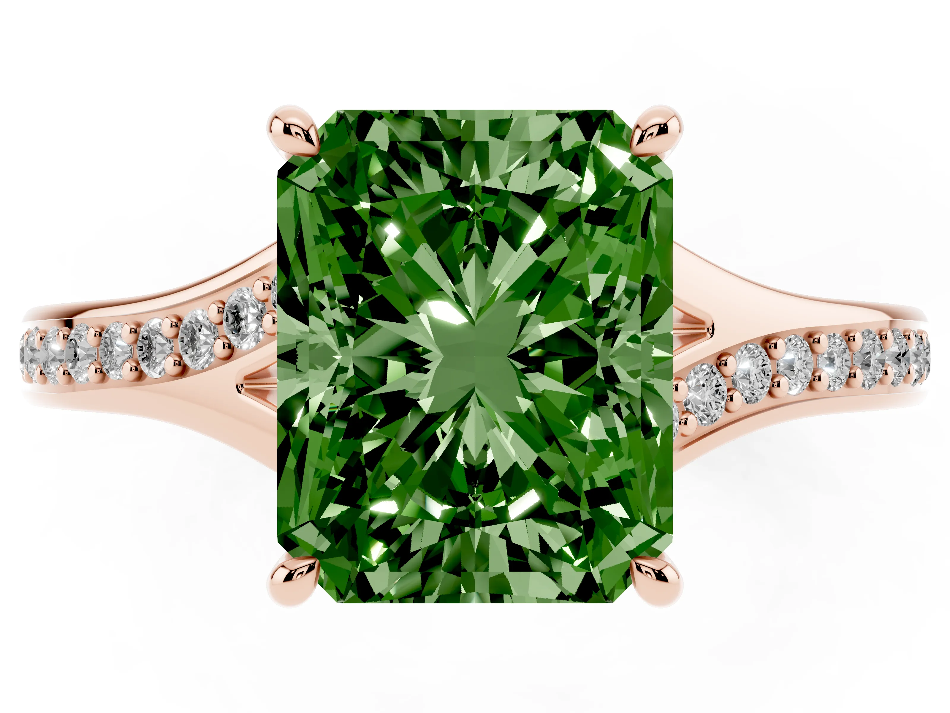 Fancy Green Radiant Cut Diamond Solitaire Ring Set in Rose gold with Pavé Accent Band and Classic Prong Setting