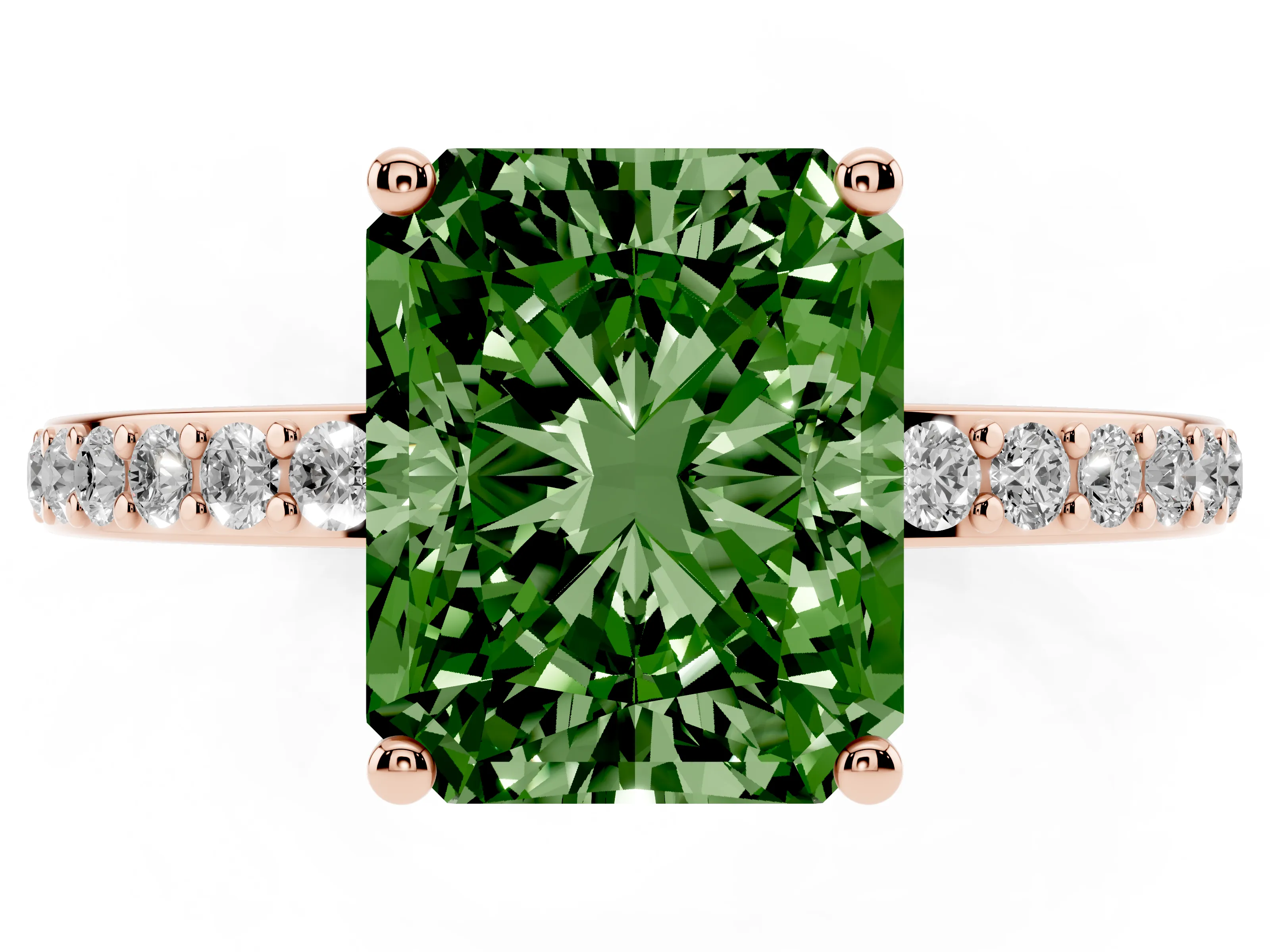 Fancy Green Radiant Cut Diamond Pavé Band Ring Set in Rose gold with Prong-Set Center Stone