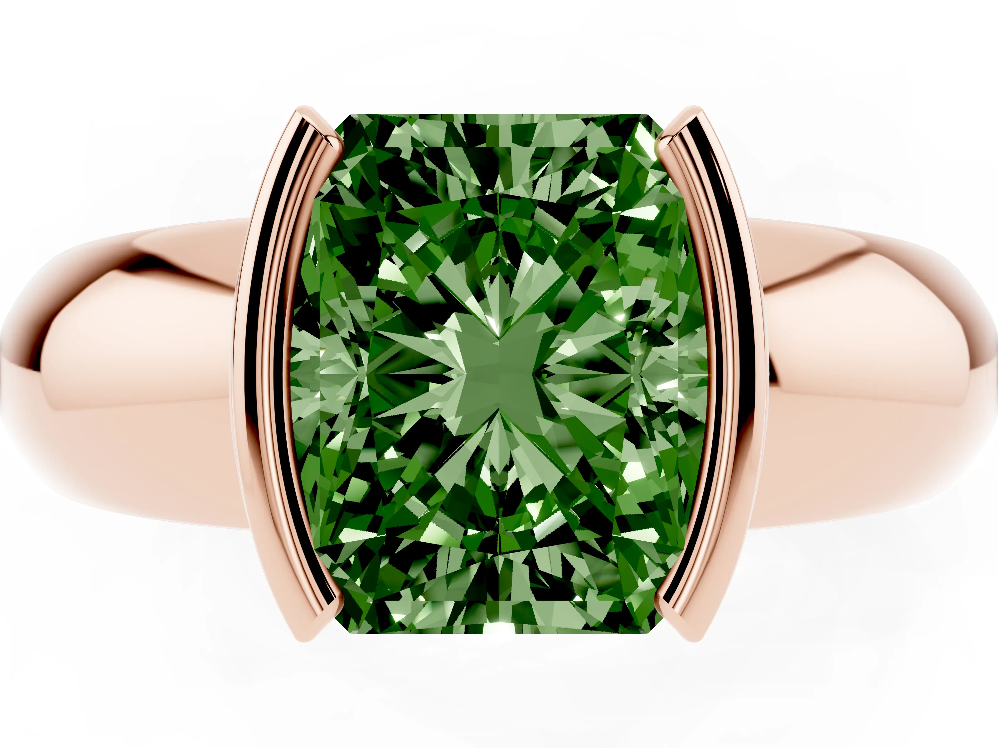Fancy Green Radiant Cut Diamond Solitaire Tension Set Ring Set in Rose gold with Wide Band