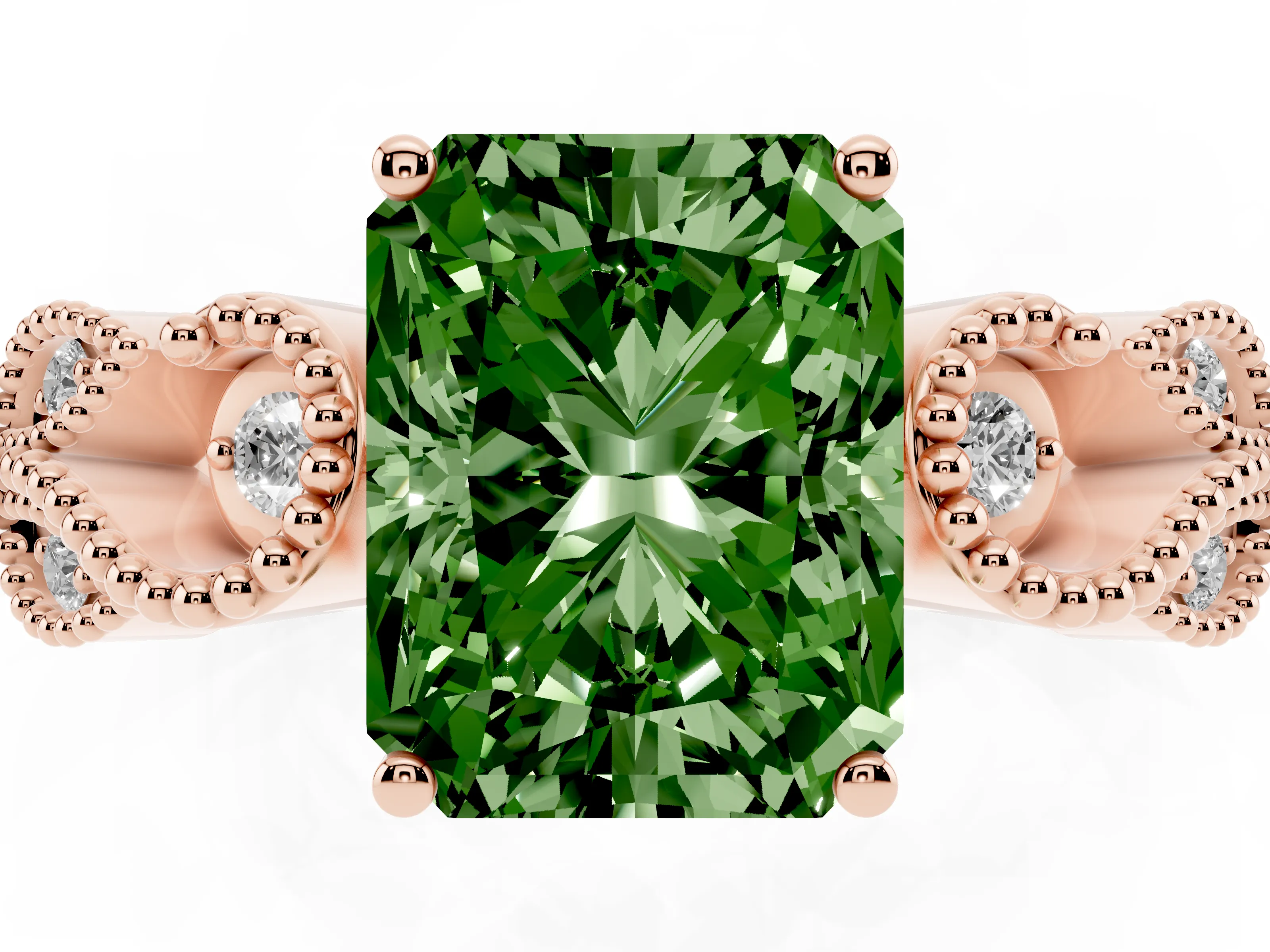 Fancy Green Radiant Cut Diamond Milgrain Leaf Band Solitaire Ring Set in Rose gold with Accent Stones and Prong Setting