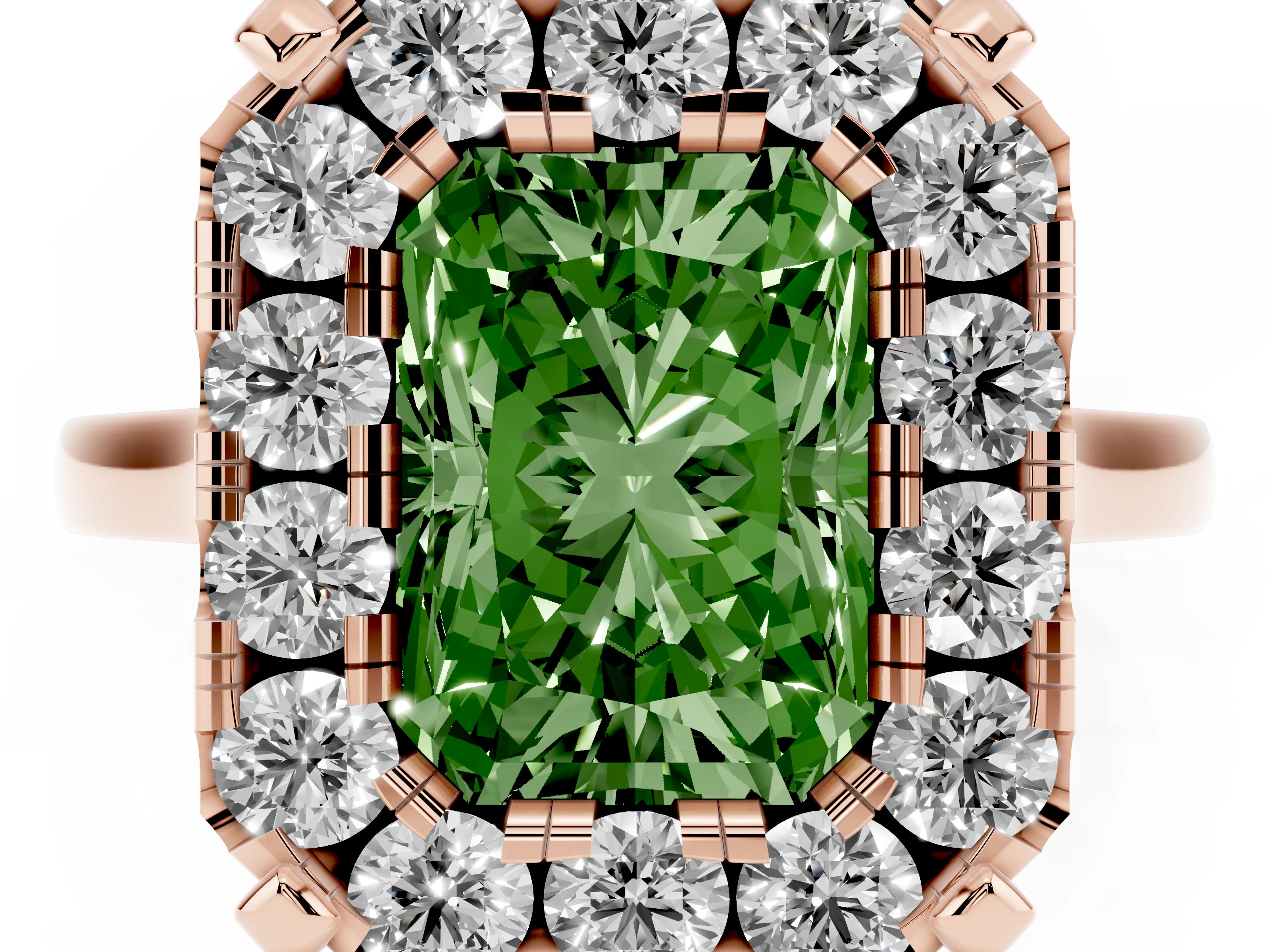 Fancy Green Radiant Cut Diamond Cluster Halo Solitaire Ring Set in Rose gold with Prong Setting