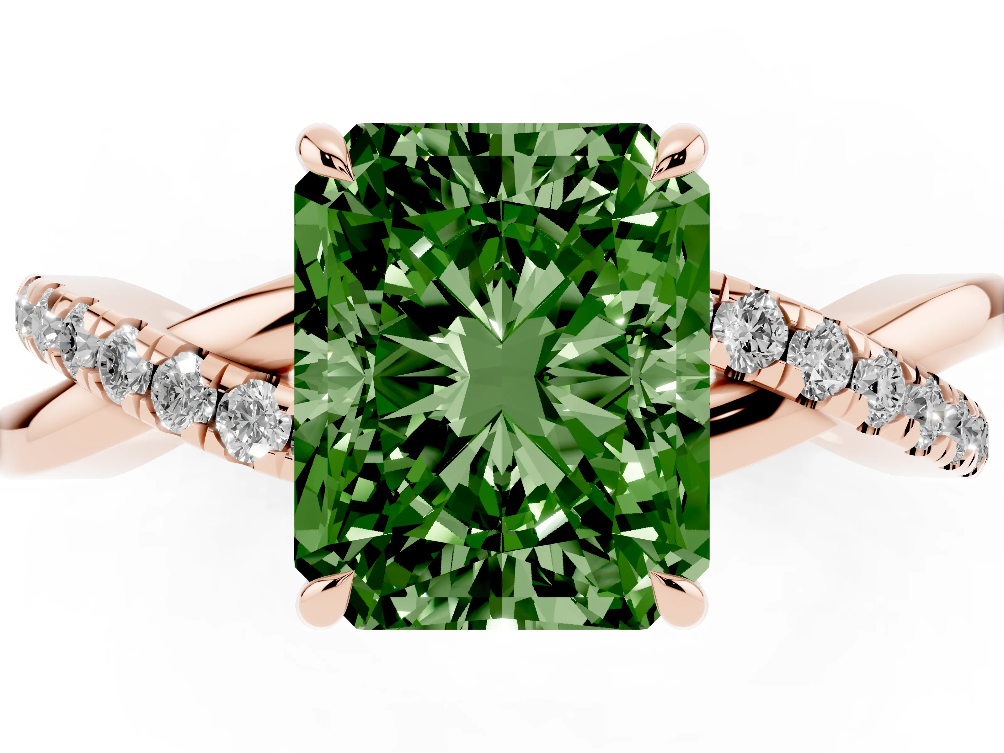 Fancy Green Radiant Cut Diamond Twisted Pavé Band Ring Set in Rose gold with Prong Setting