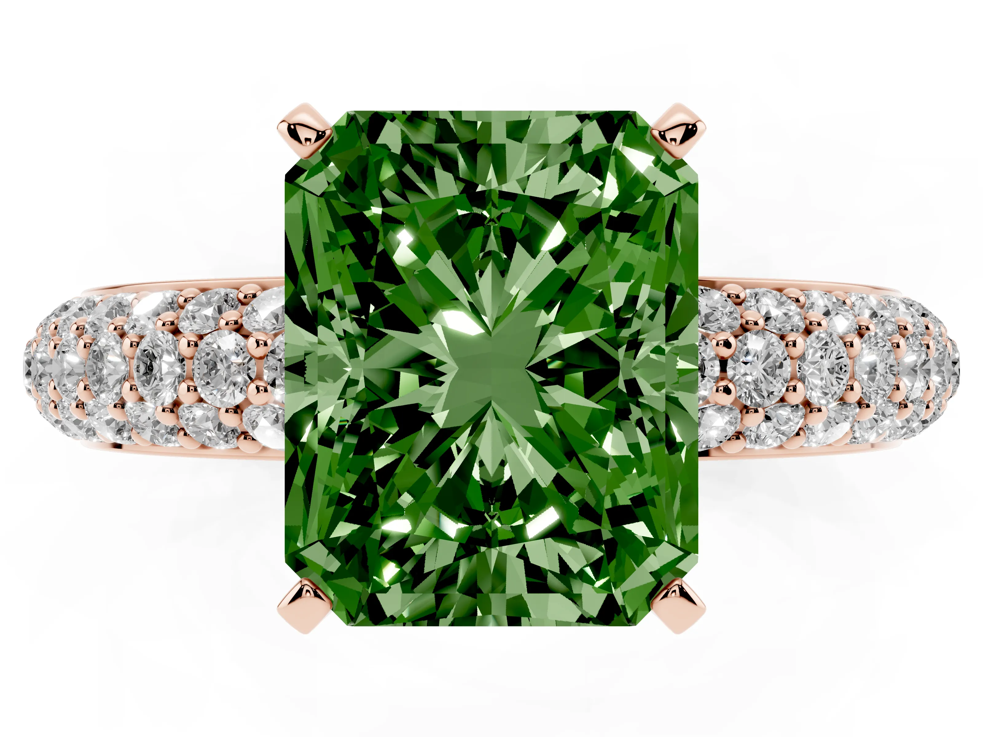 Fancy Green Radiant Cut Diamond Solitaire Ring Set in Rose gold with Prong Setting and Pavé-Set Band