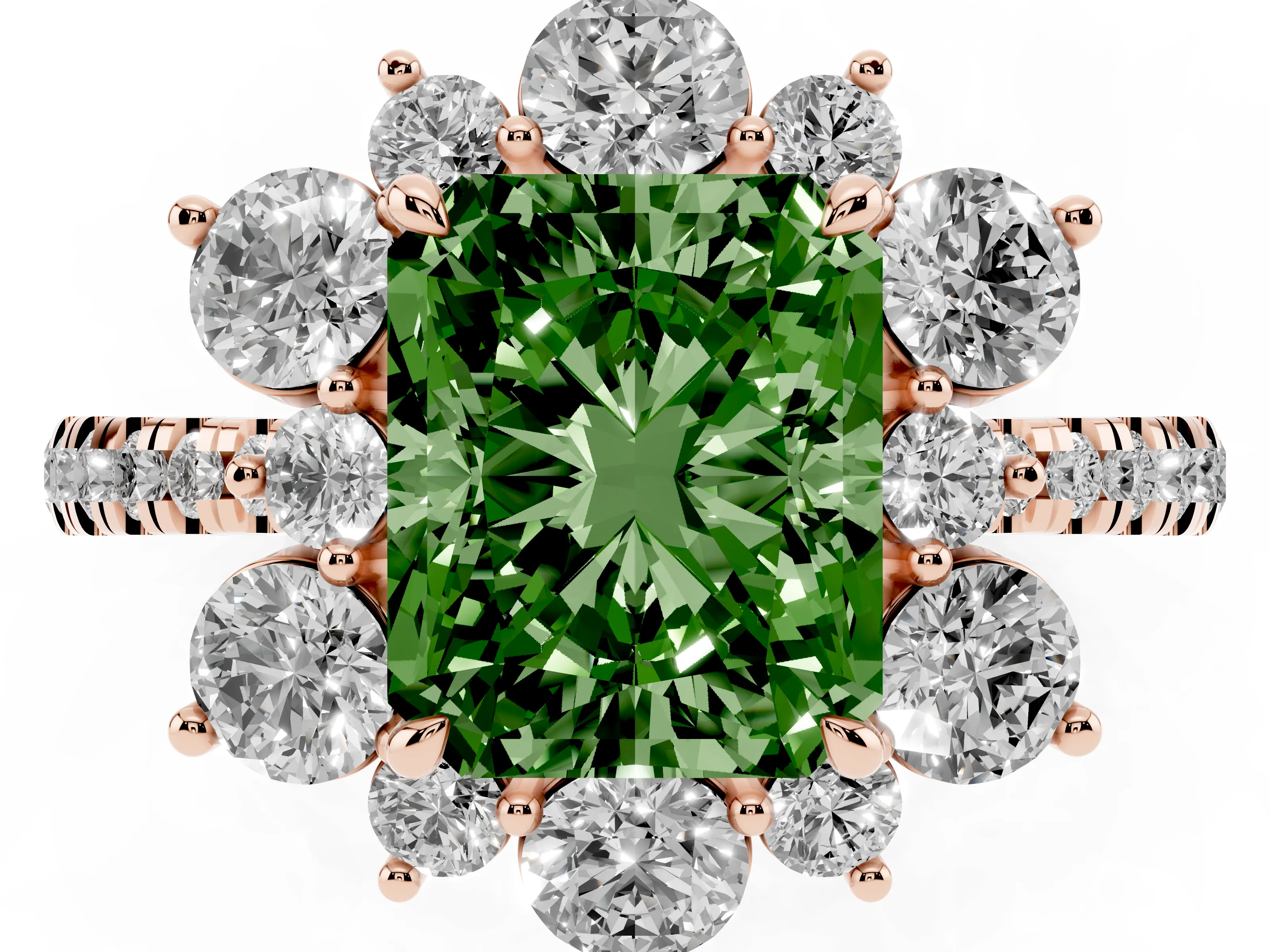 Fancy Green Radiant Cut Diamond Floral Halo Ring Set in Rose gold with Round Pavé Band and Prong Setting