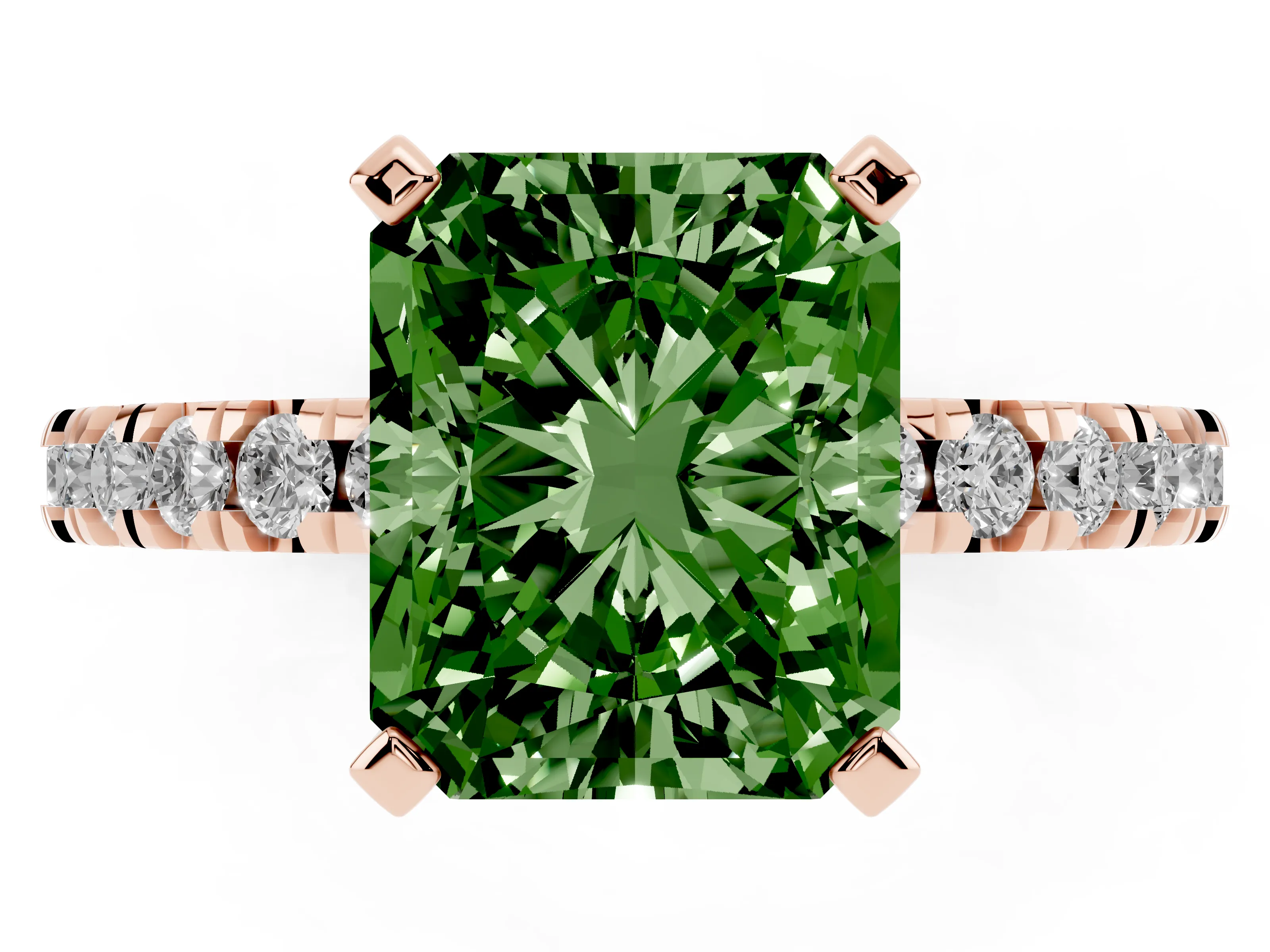 Fancy Green Radiant Cut Diamond Pavé Band Solitaire Set in Rose gold with Prong Setting