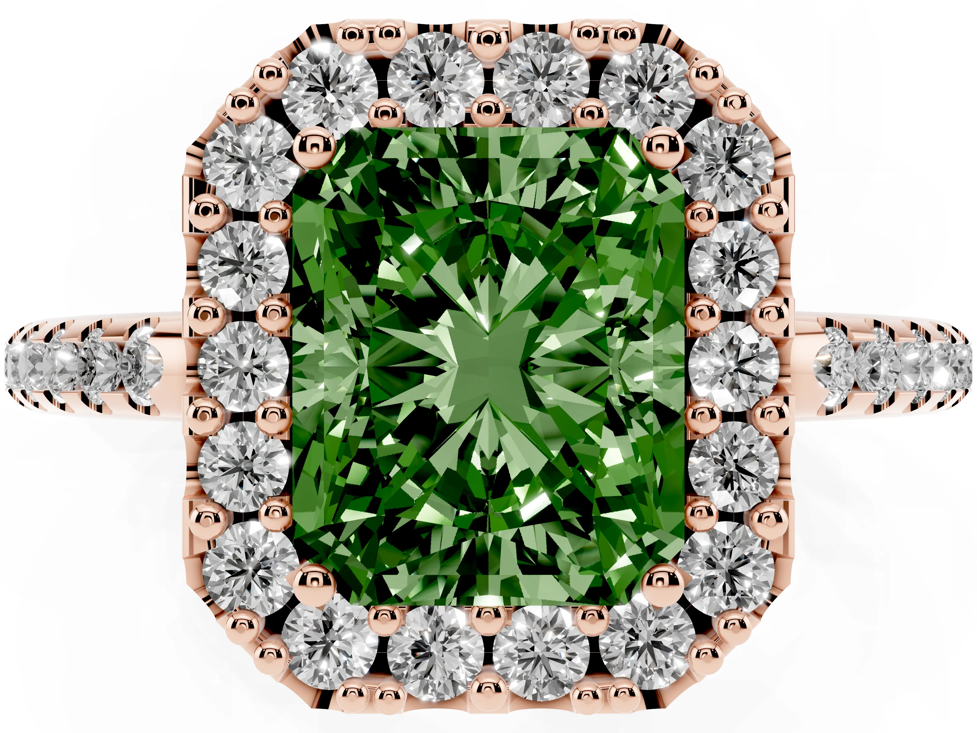Fancy Green Radiant Cut Diamond Pavé Halo Ring Set in Rose gold with Prong Setting