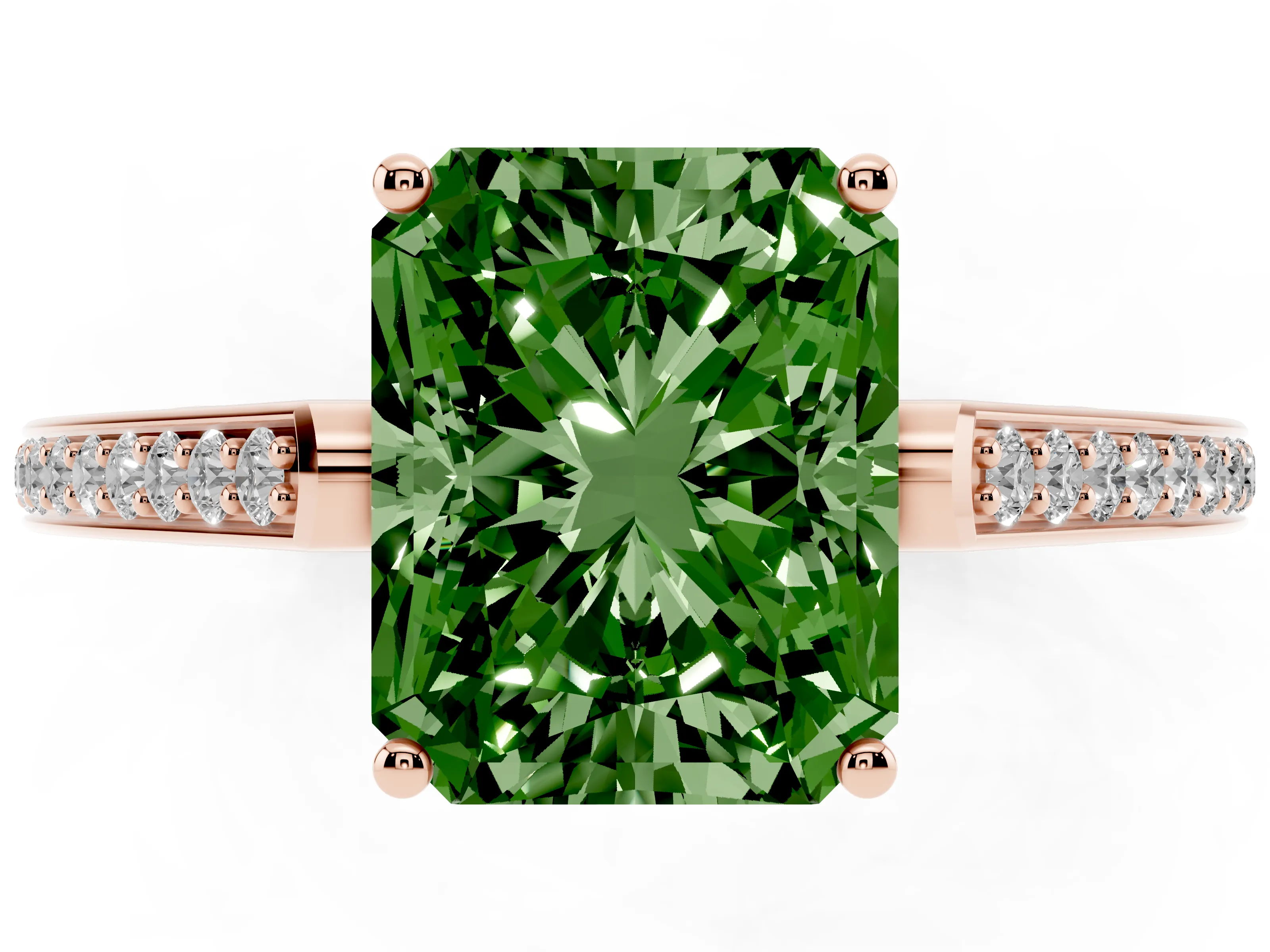 Fancy Green Radiant Cut Diamond Cathedral Pavé Engagement Ring Set in Rose gold with Prong Setting